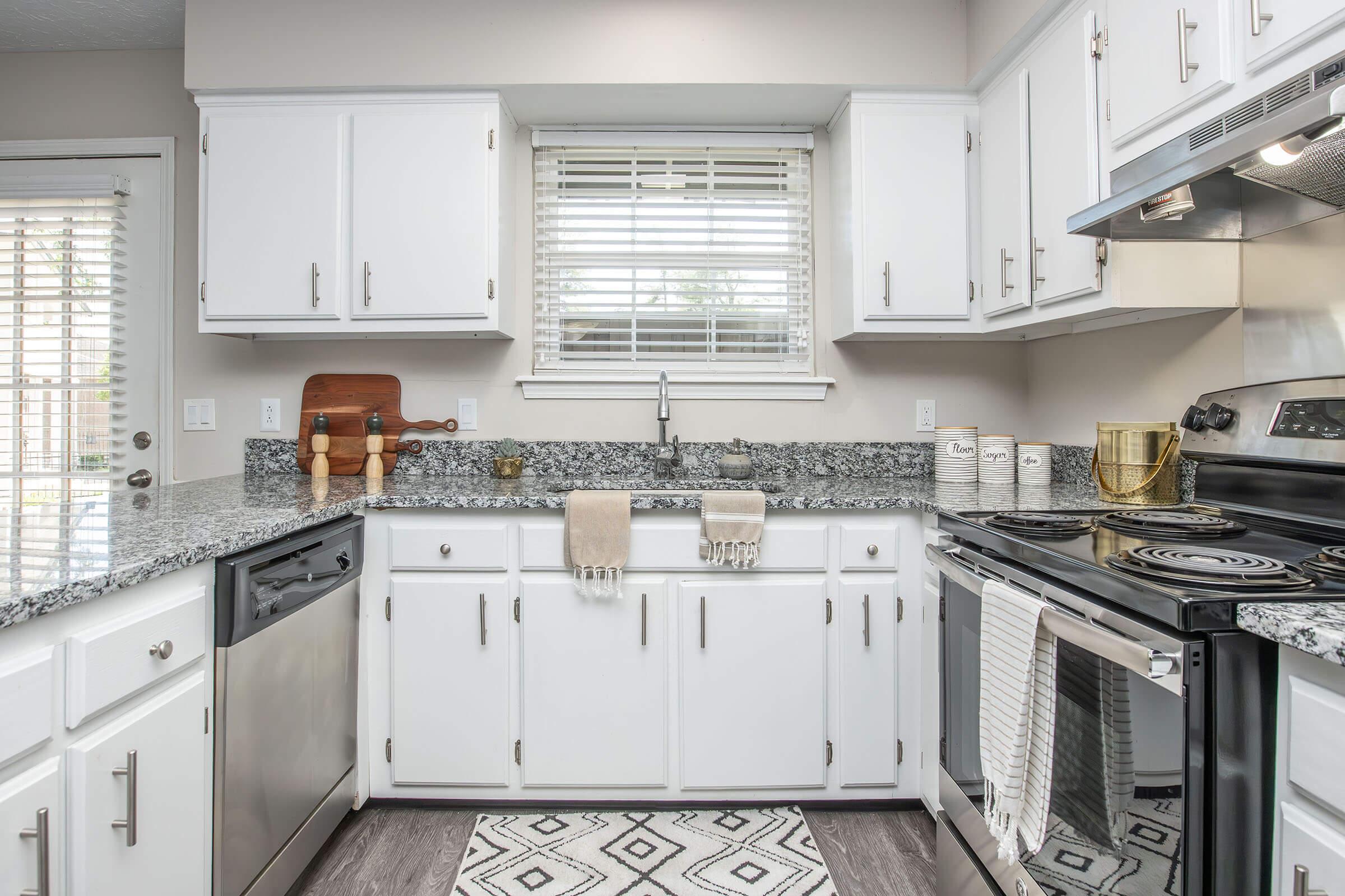 A modern kitchen featuring white cabinets, a granite countertop, stainless steel appliances including a dishwasher and stove, and a window with blinds. Decorative items such as a cutting board, dish towels, and canisters are visible, along with a geometric patterned rug on the floor.