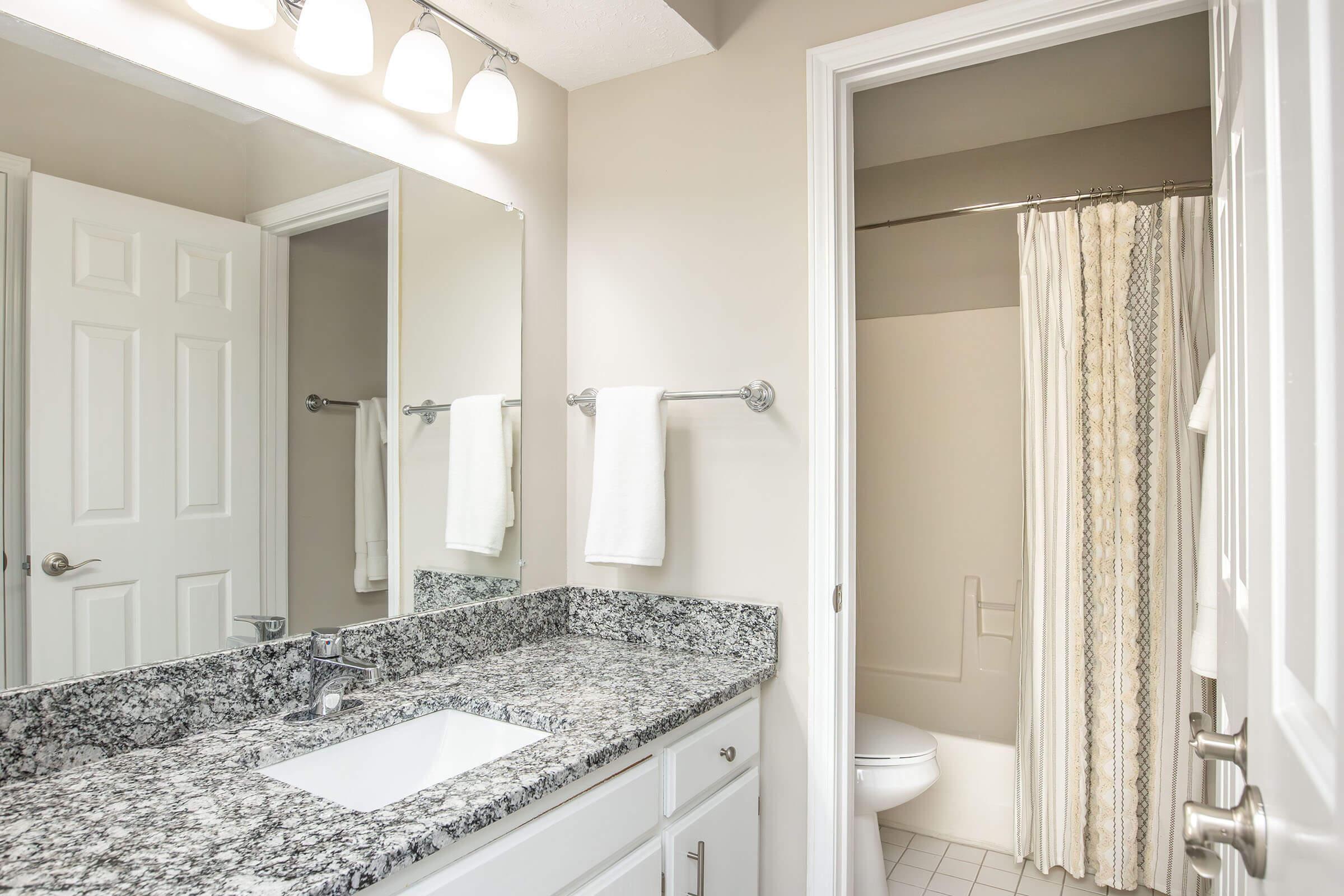 A modern bathroom with a granite countertop, a sink, and a large mirror. The walls are painted a neutral color. There are neatly arranged white towels on towel bars. A shower area with a patterned curtain is visible, along with a closed toilet and a door leading to another room. Bright lighting enhances the space.