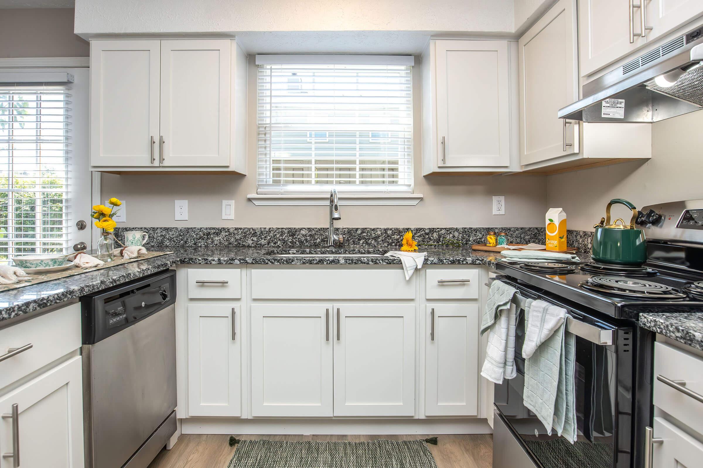 A modern kitchen featuring white cabinetry, granite countertops, and stainless steel appliances. There is a window with blinds allowing natural light, a sink, and decorative items like flowers and rubber ducks on the counter. A dish towel hangs from the stove, and a rug is placed on the floor.