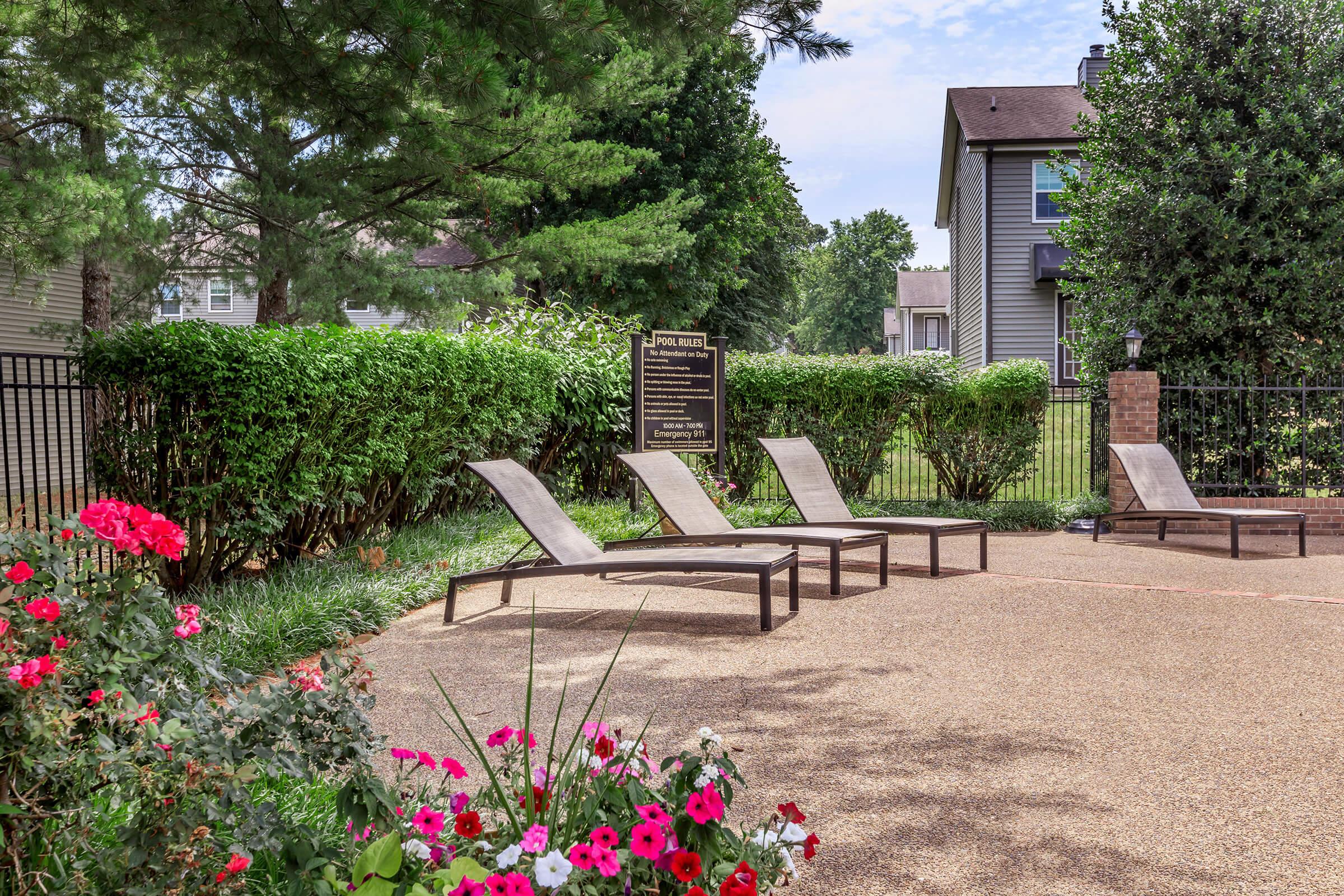 a bench in front of a flower garden