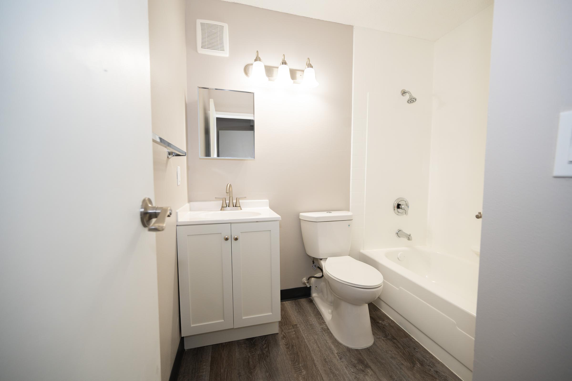 A modern bathroom featuring a white vanity with a sink, a toilet, and a bathtub with a shower. The walls are painted a light color, and there is a small mirror above the sink. A light fixture with three bulbs provides illumination, and the flooring is a wood-like material.