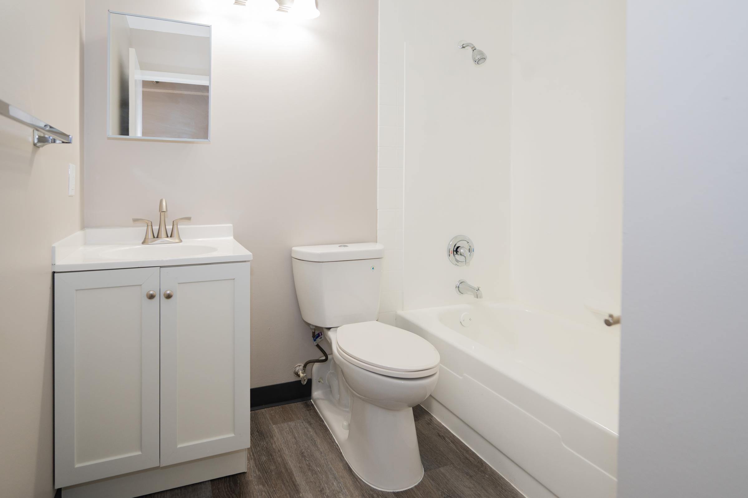 A modern bathroom featuring a white bathtub and shower combo, a wall-mounted mirror above a sink with a faucet, and a white toilet. The room is finished with light-colored walls and dark flooring, creating a clean and contemporary look.