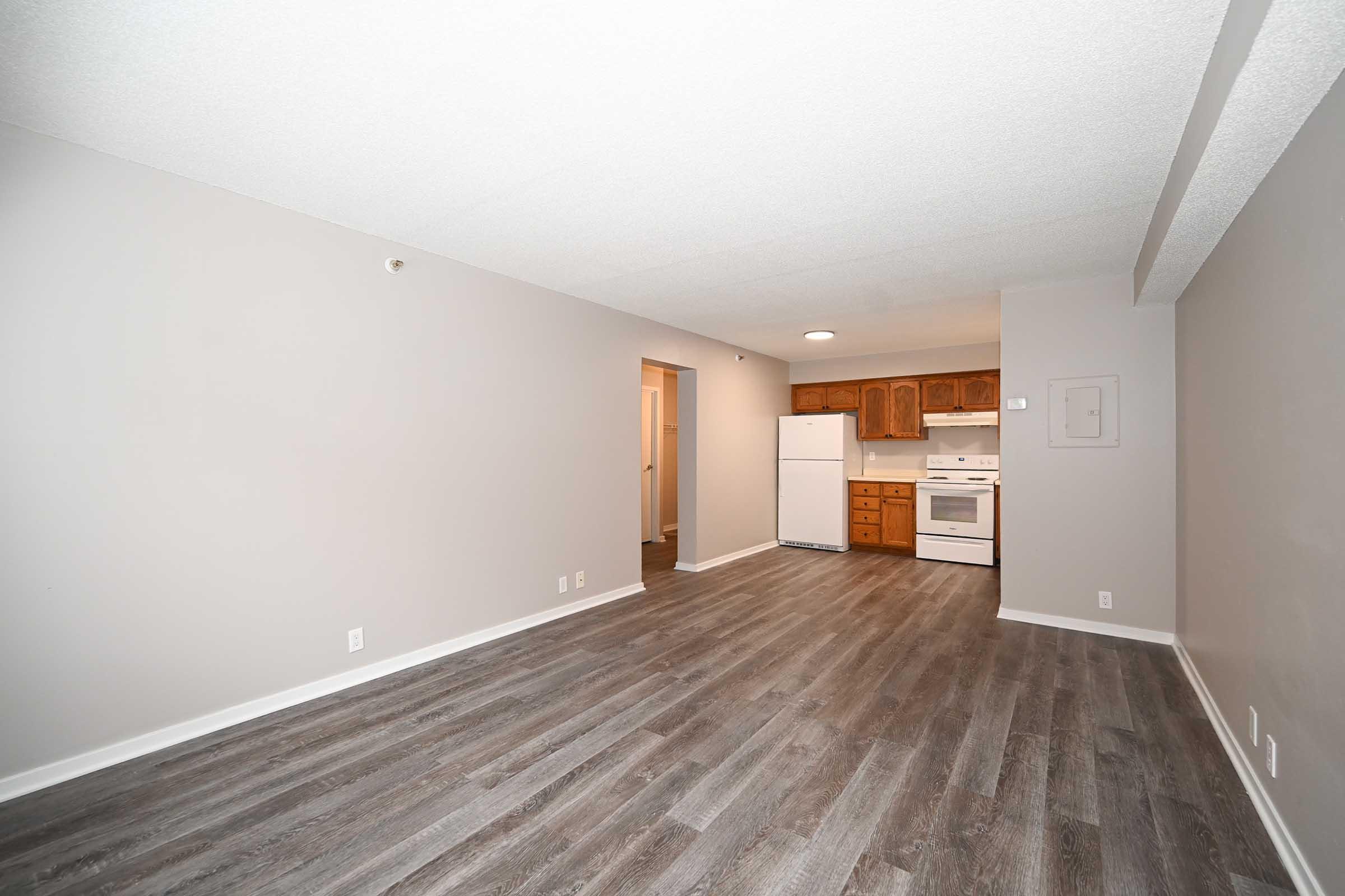 Interior of a spacious apartment with light gray walls and new wood-like flooring. A kitchen with wooden cabinets and white appliances is visible in the background. The space is well-lit and empty, suggesting it's ready for new occupants.
