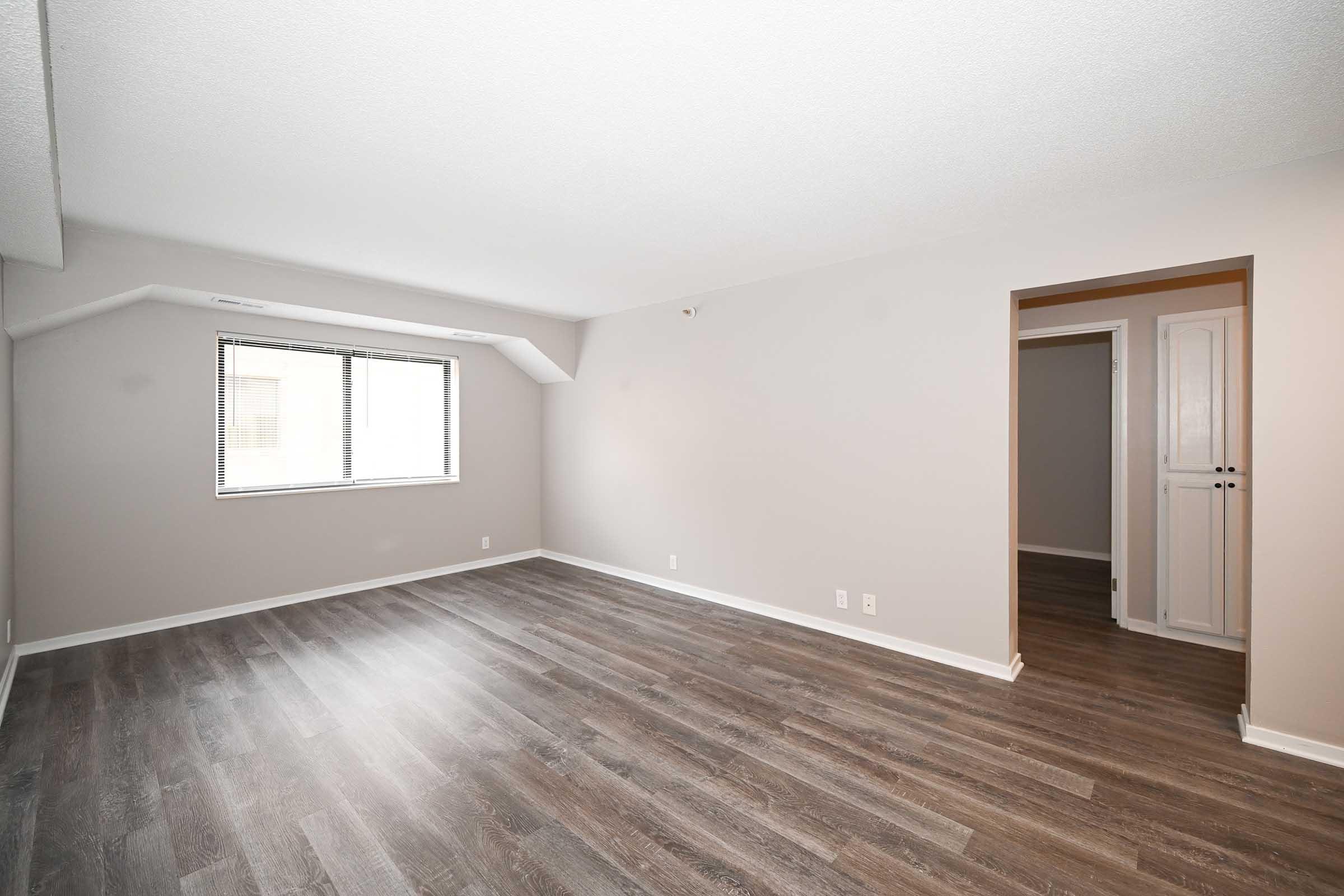 A bright, empty room with light gray walls, a large window allowing natural light, and new dark wooden flooring. A doorway leads to another room, enhancing the spacious feel. The minimalist design suggests potential for various interior arrangements.