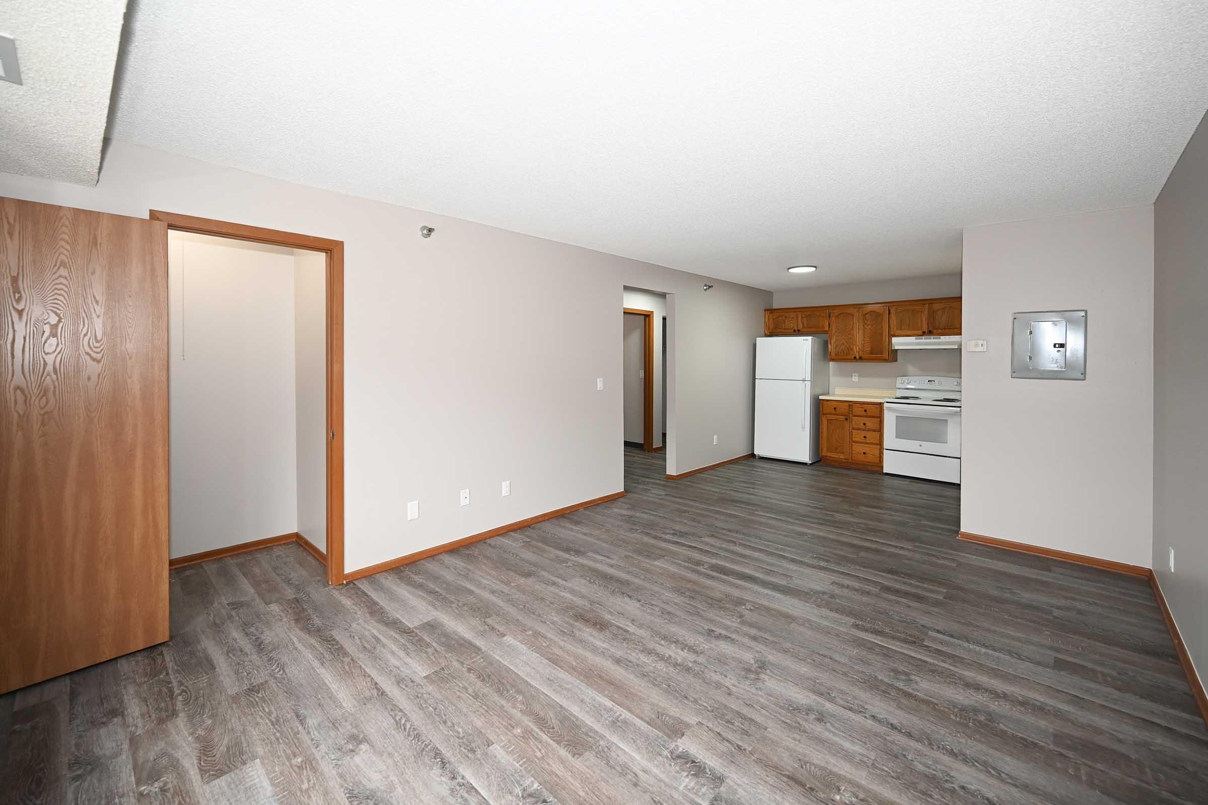 Spacious, unfurnished apartment interior featuring light-colored walls, wood cabinetry in the kitchen, and vinyl flooring. A doorway leads to a closet, while the kitchen area is equipped with a refrigerator, stove, and overhead cabinets. Ample natural light fills the space, creating a bright and inviting atmosphere.