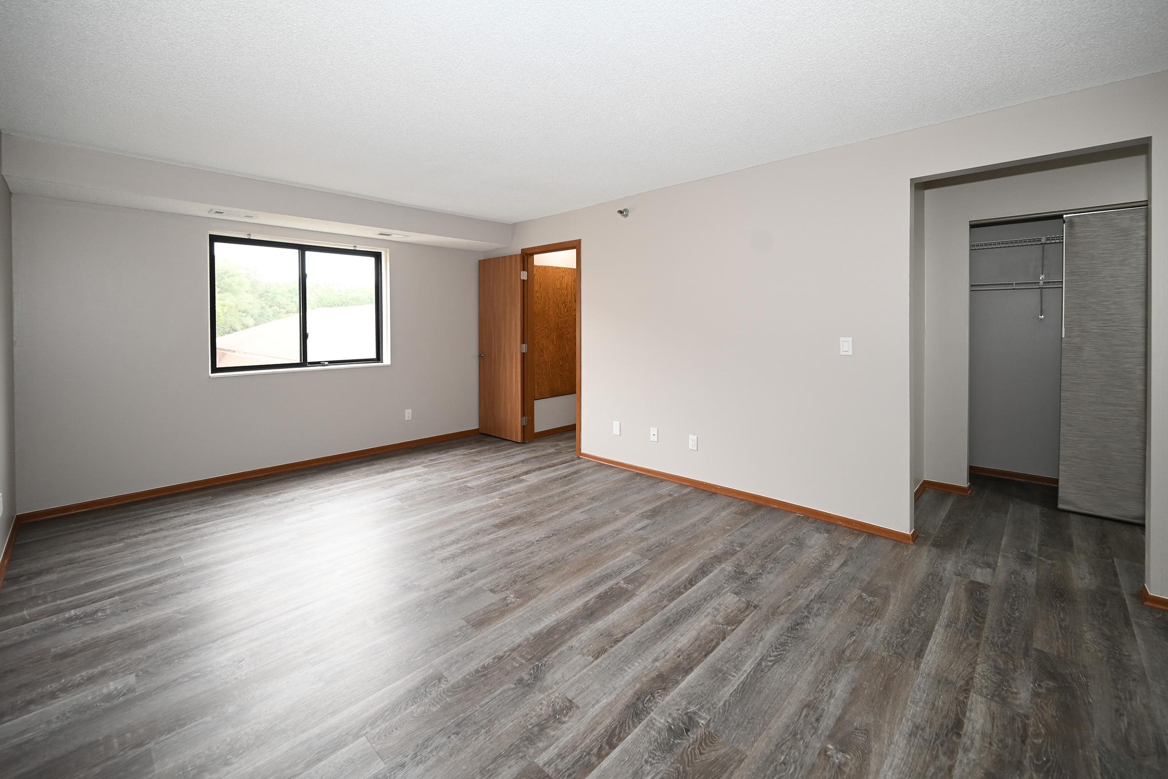 A spacious, empty room with light gray walls and a large window allowing natural light. The floor features laminate in a wood pattern. There is a door on the right leading to a closet space, and the overall ambiance is clean and modern, ideal for various uses or decoration.