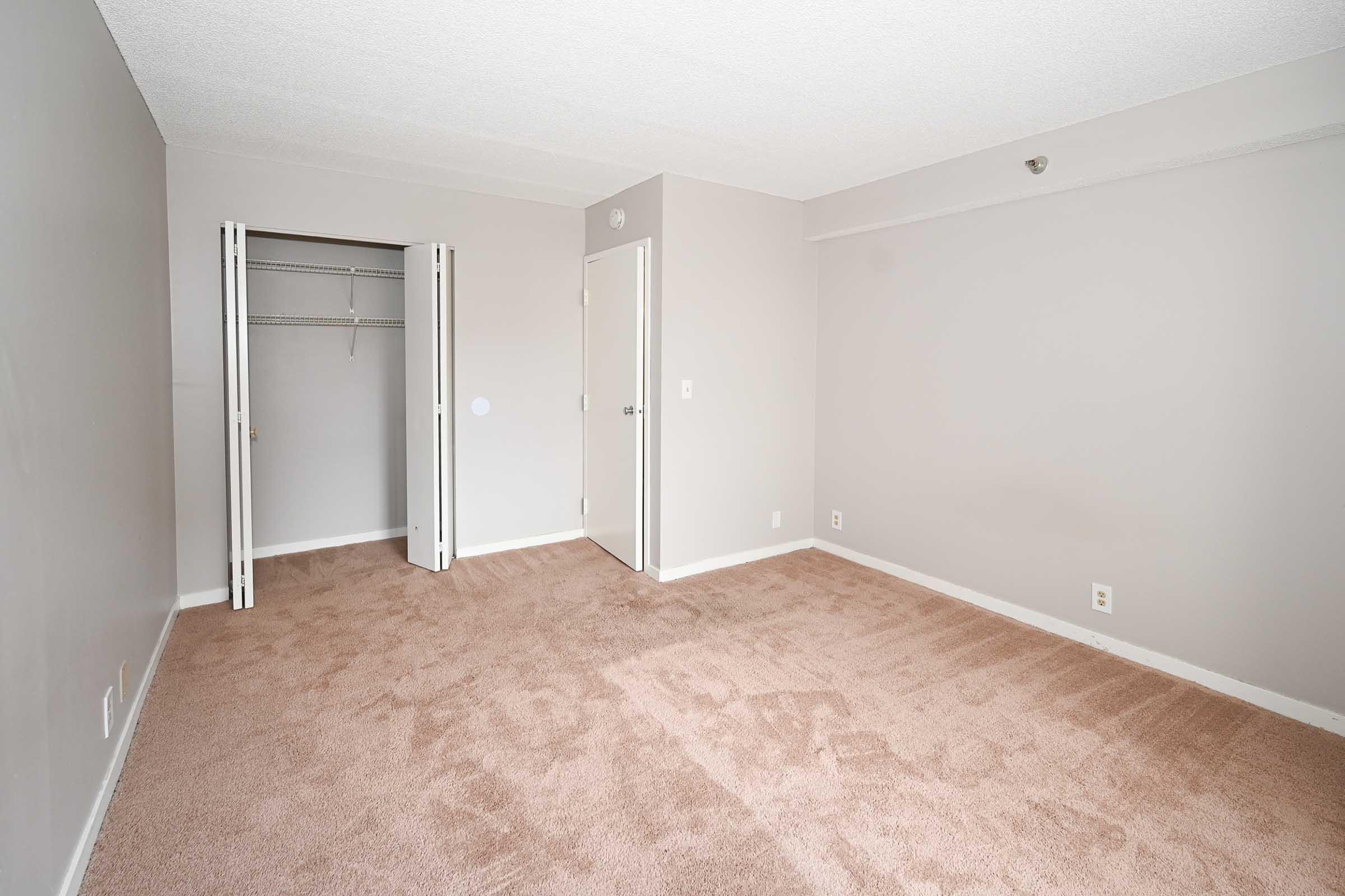 Empty room with beige carpeted flooring, light gray walls, and a closet with sliding doors. A single door leads to another area, and there are no furnishings in the space, creating a minimalist and open atmosphere. Natural light may enter from a window not visible in the image.