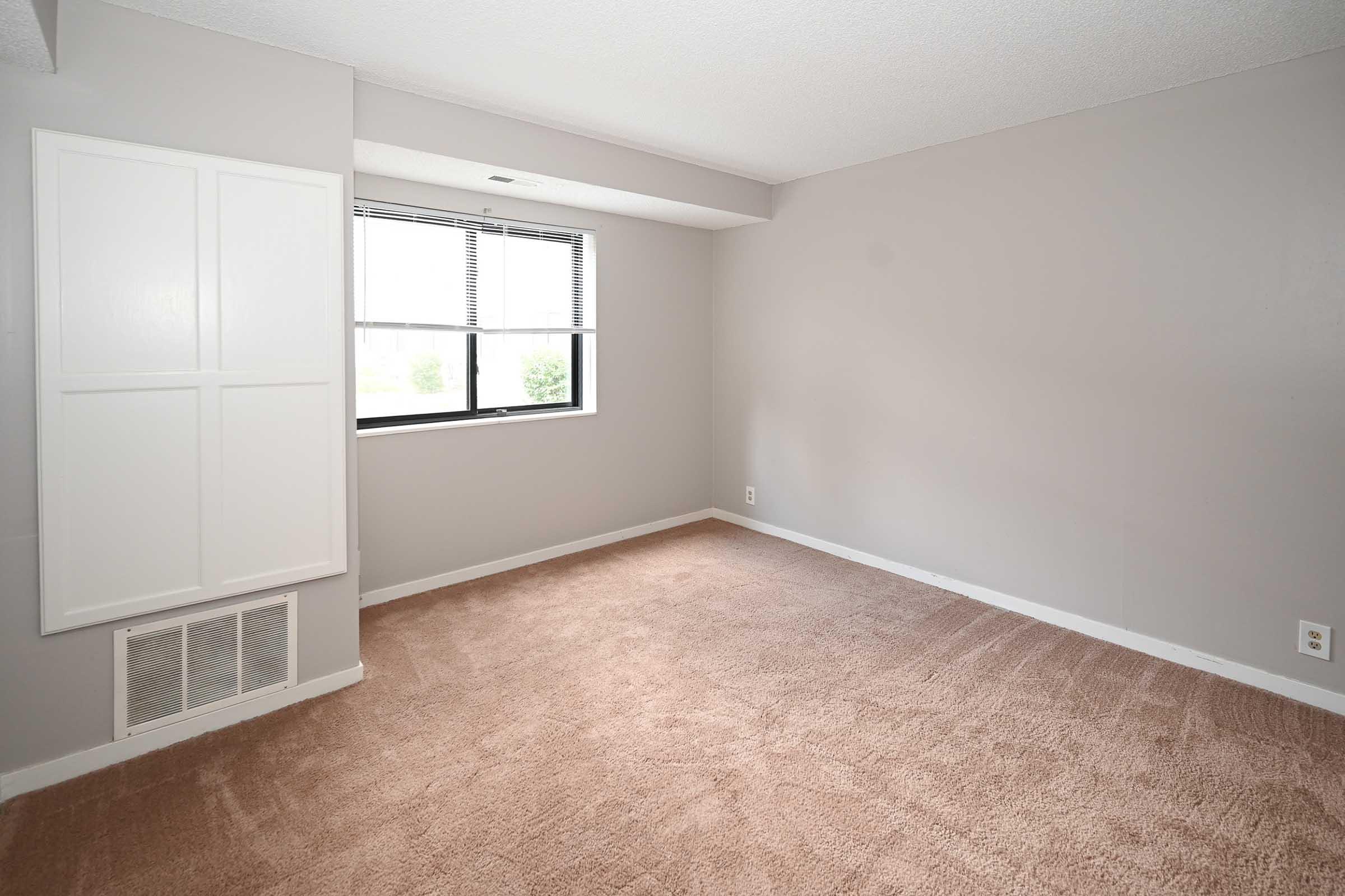 A vacant room with light gray walls and a large window. The floor is covered in beige carpet, and there is a built-in storage cabinet on the left wall. The room is well-lit with natural light coming through the window, giving it a spacious and empty feel.