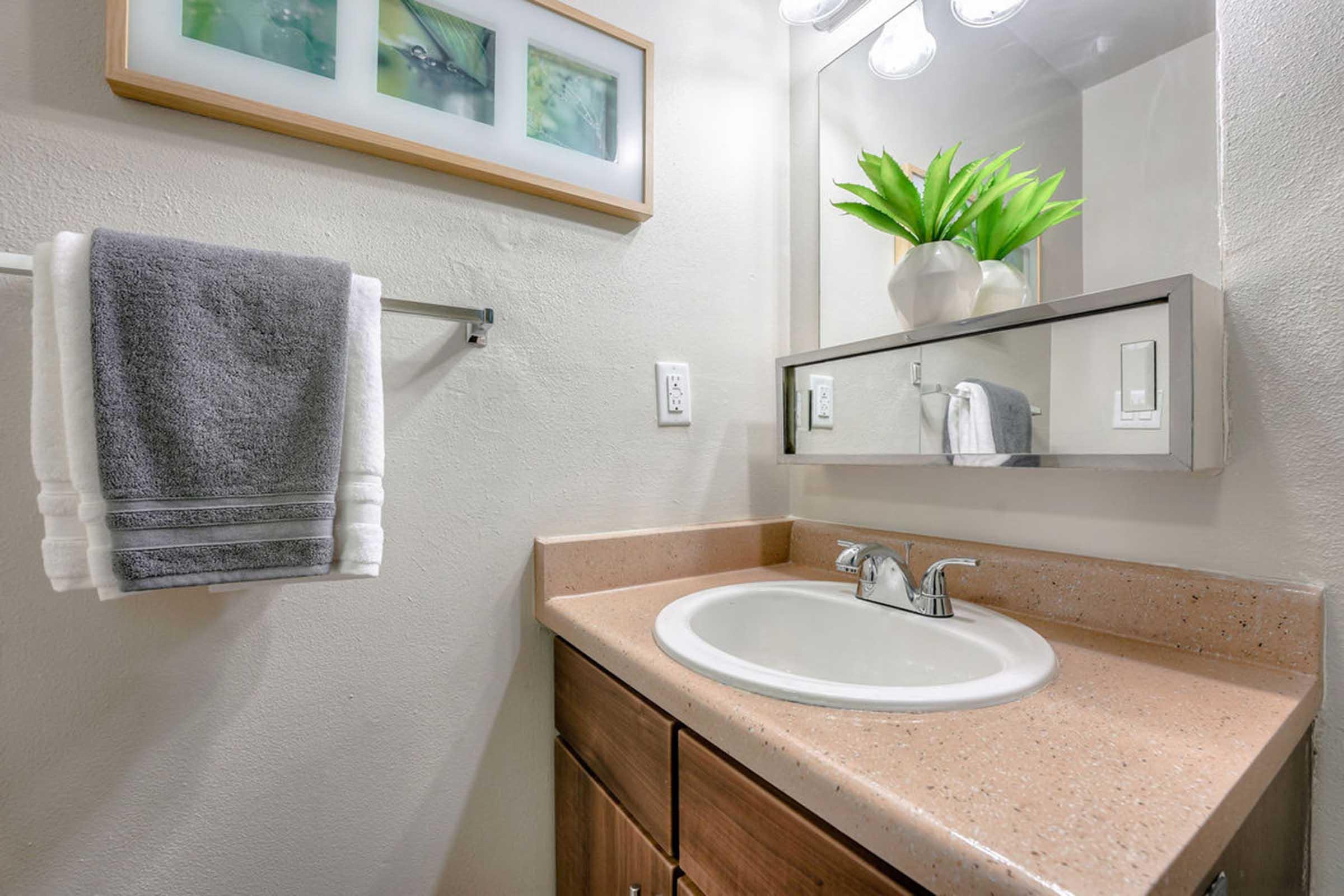 A modern bathroom sink area featuring a light-colored countertop with a round sink, a wooden cabinet beneath, and neatly folded towels hanging on a towel rack. Above the sink, there’s a mirror, and a small potted plant adds a touch of greenery. In the background, framed artwork adds decoration.