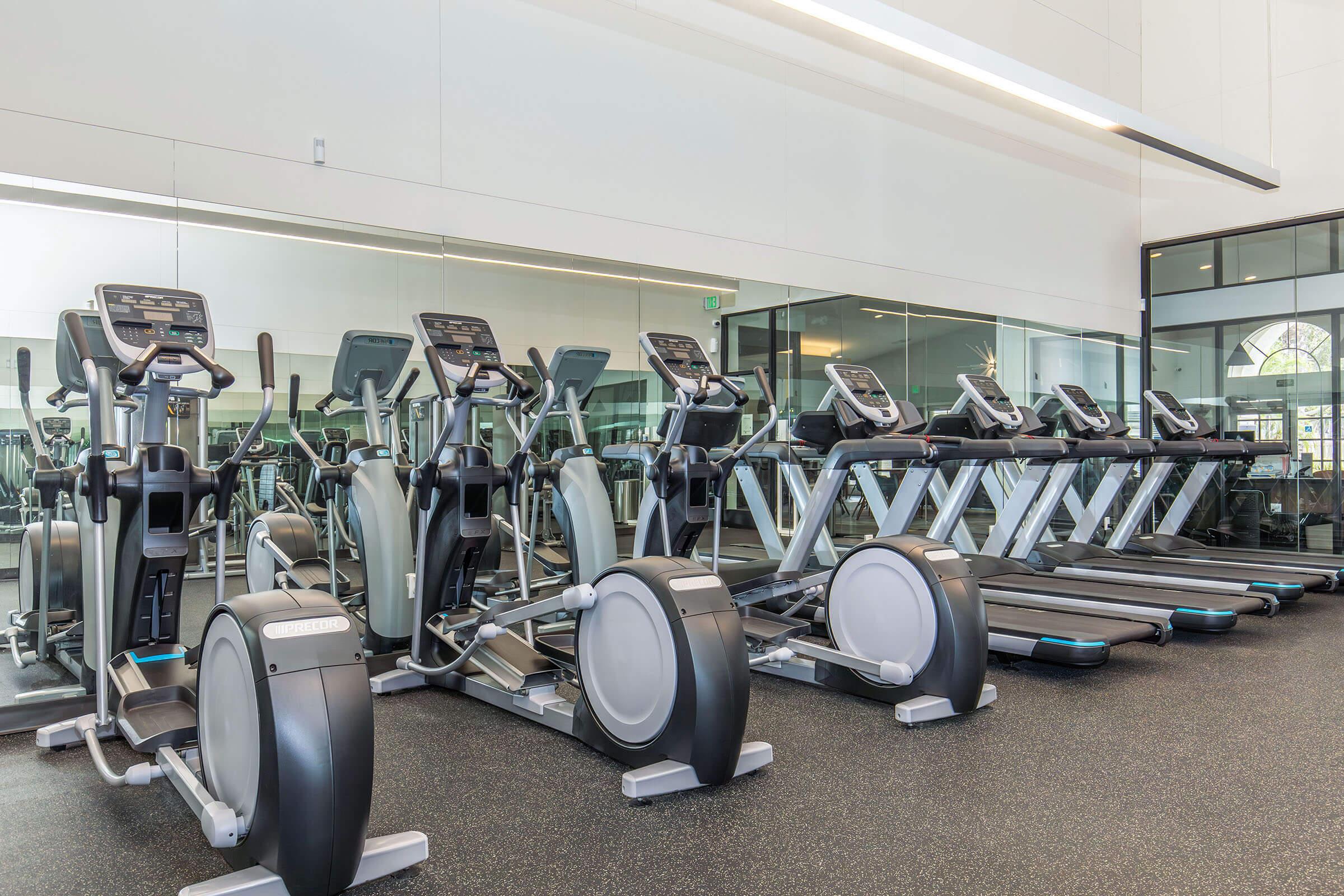 A modern gym interior featuring several elliptical machines arranged in rows. Mirrors line the walls, reflecting the equipment and enhancing the spacious atmosphere. The floor is covered in dark rubber flooring, and bright, natural light floods the area from large windows.