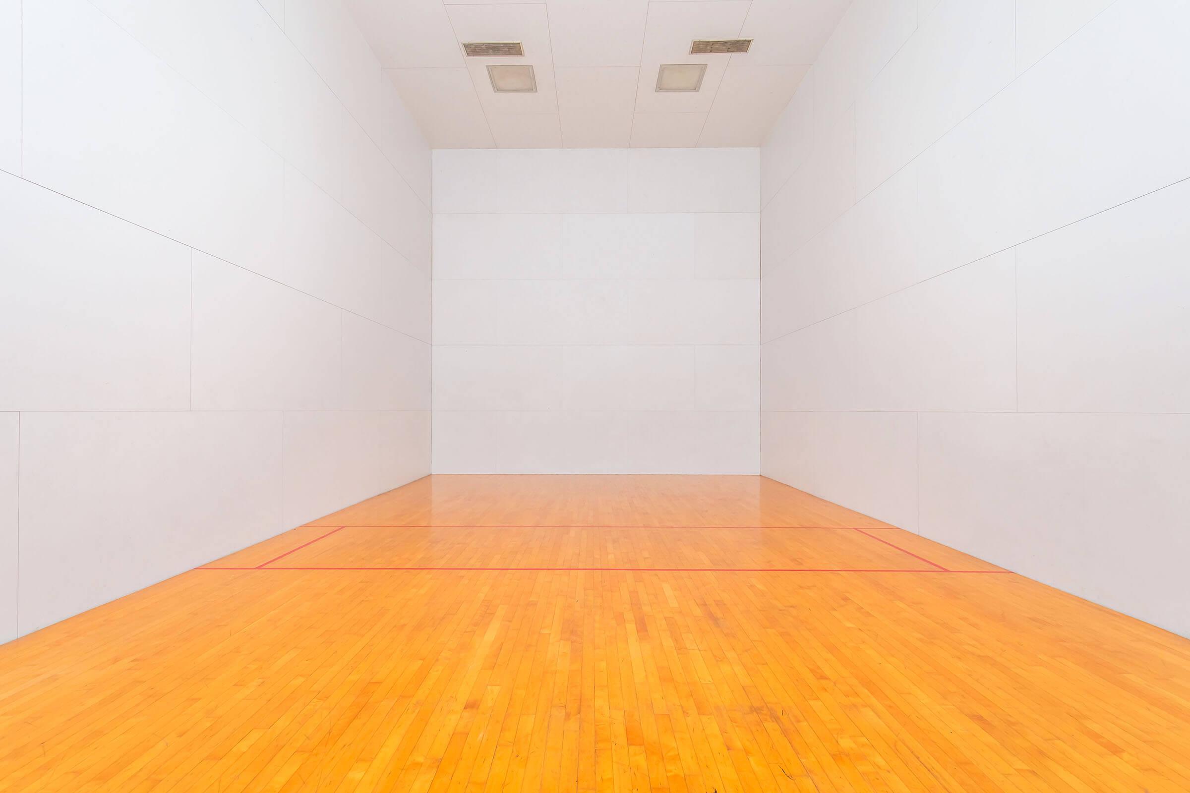 A spacious indoor racquetball court featuring smooth wooden flooring, white walls, and no visible equipment. The court has a red boundary line marking the playing area, with overhead lights providing illumination. The overall ambiance is bright and minimalistic, emphasizing the court's open space.
