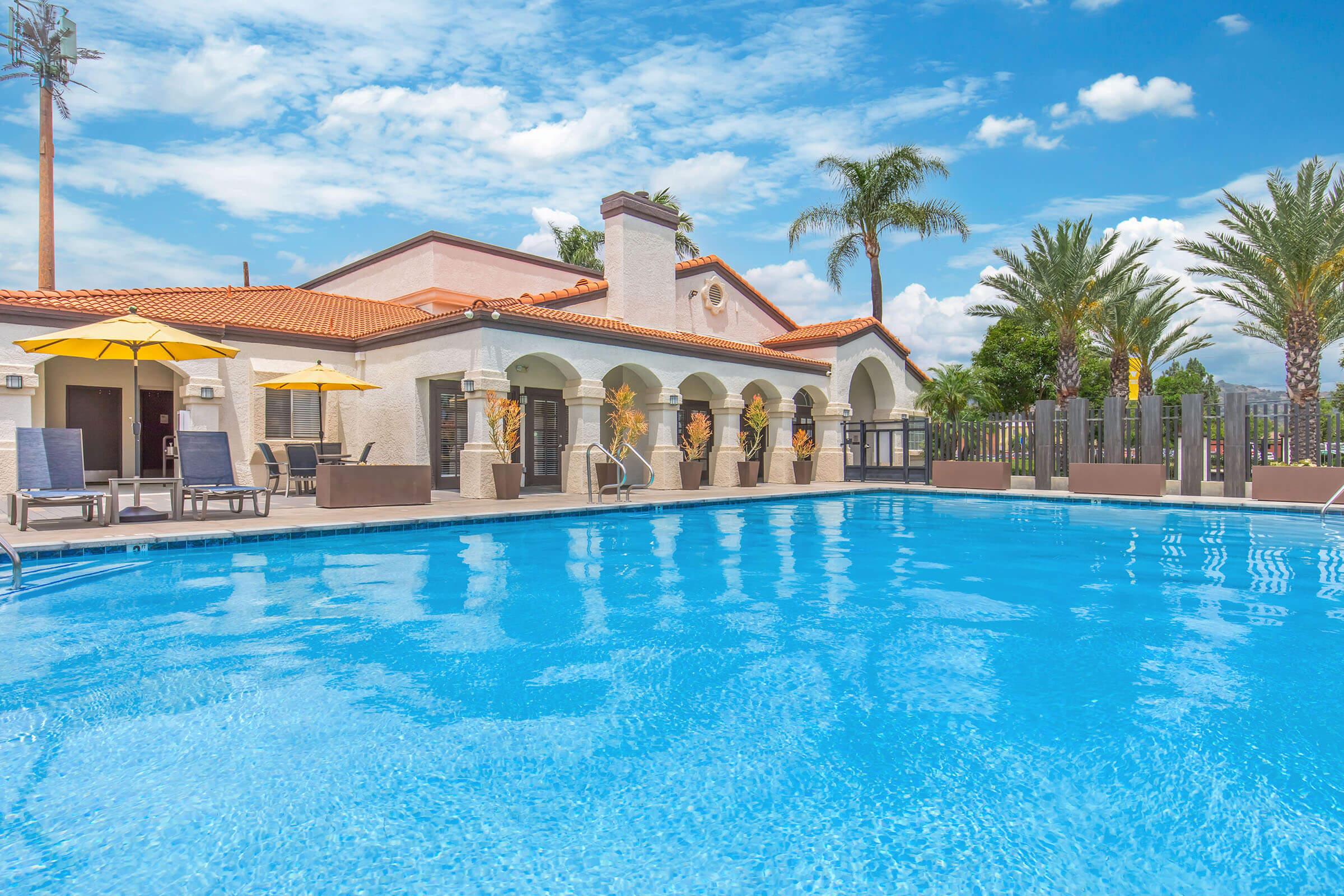 A bright and inviting swimming pool surrounded by lounge chairs and umbrellas, with a modern building in the background. Palm trees and a clear blue sky enhance the relaxing atmosphere. Ideal for leisure and outdoor activities.