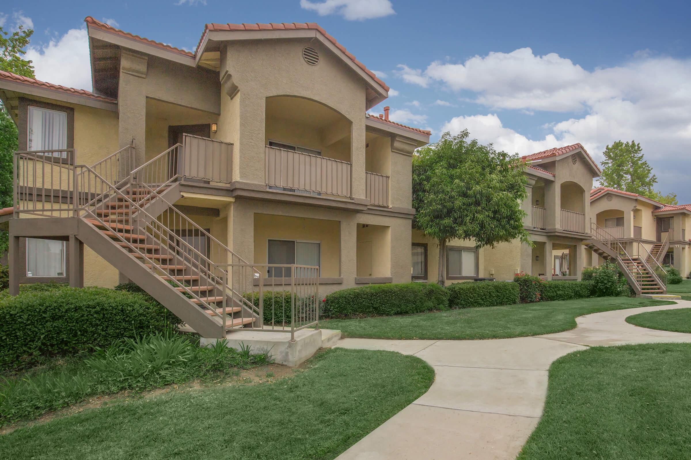 Community buildings with green shrubs