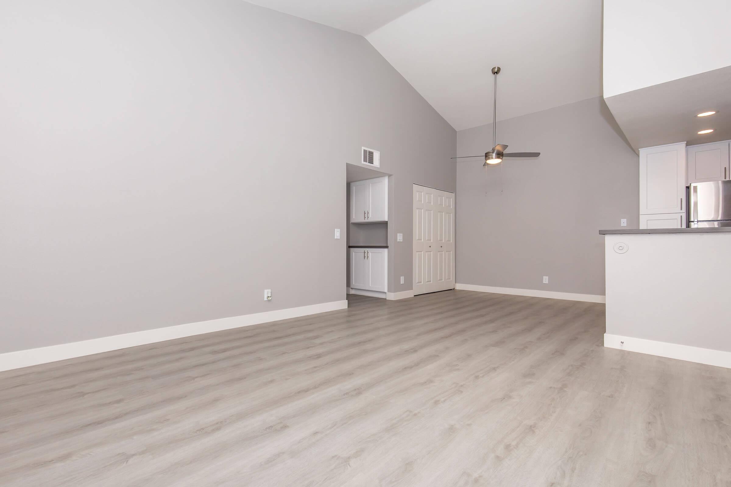 Spacious, modern living area with light gray walls and laminate flooring. High ceilings with a ceiling fan, showcasing an open design that connects to a kitchen area. There's a utility closet on one side and a bright, airy feel throughout the room. Ideal for personalized decoration and furnishings.