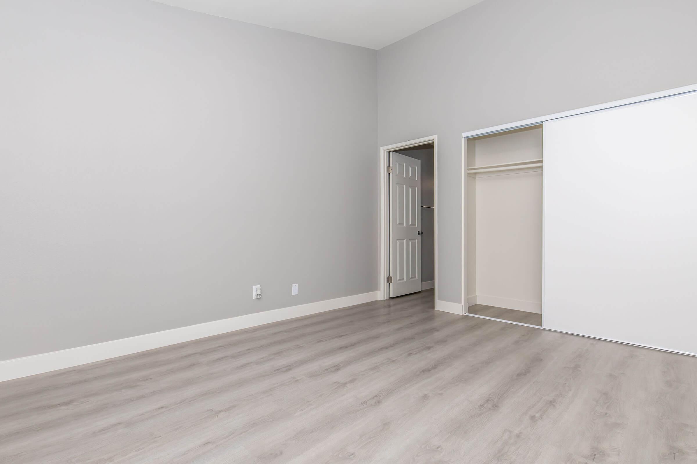 A spacious, empty room with light gray walls and a light wood floor. There's a closed door on the left leading to another area, and a sliding closet door on the right, revealing a small, organized closet space. The room is well-lit and shows no furniture, creating a clean, minimalist look.