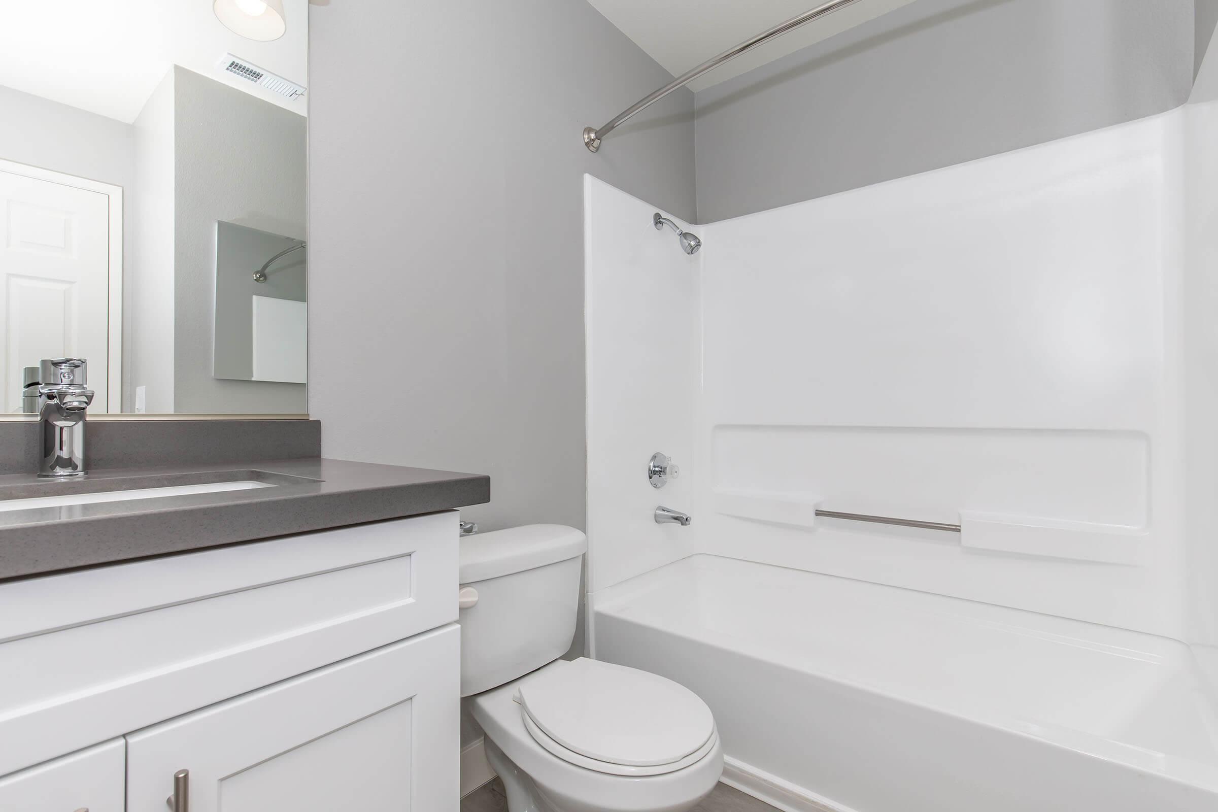 A clean and modern bathroom featuring a white tub/shower combination, a gray countertop with a sink, and a toilet. The walls are painted light gray, and there is a mirror above the sink. Natural light enters from a nearby door, enhancing the bright and spacious atmosphere.