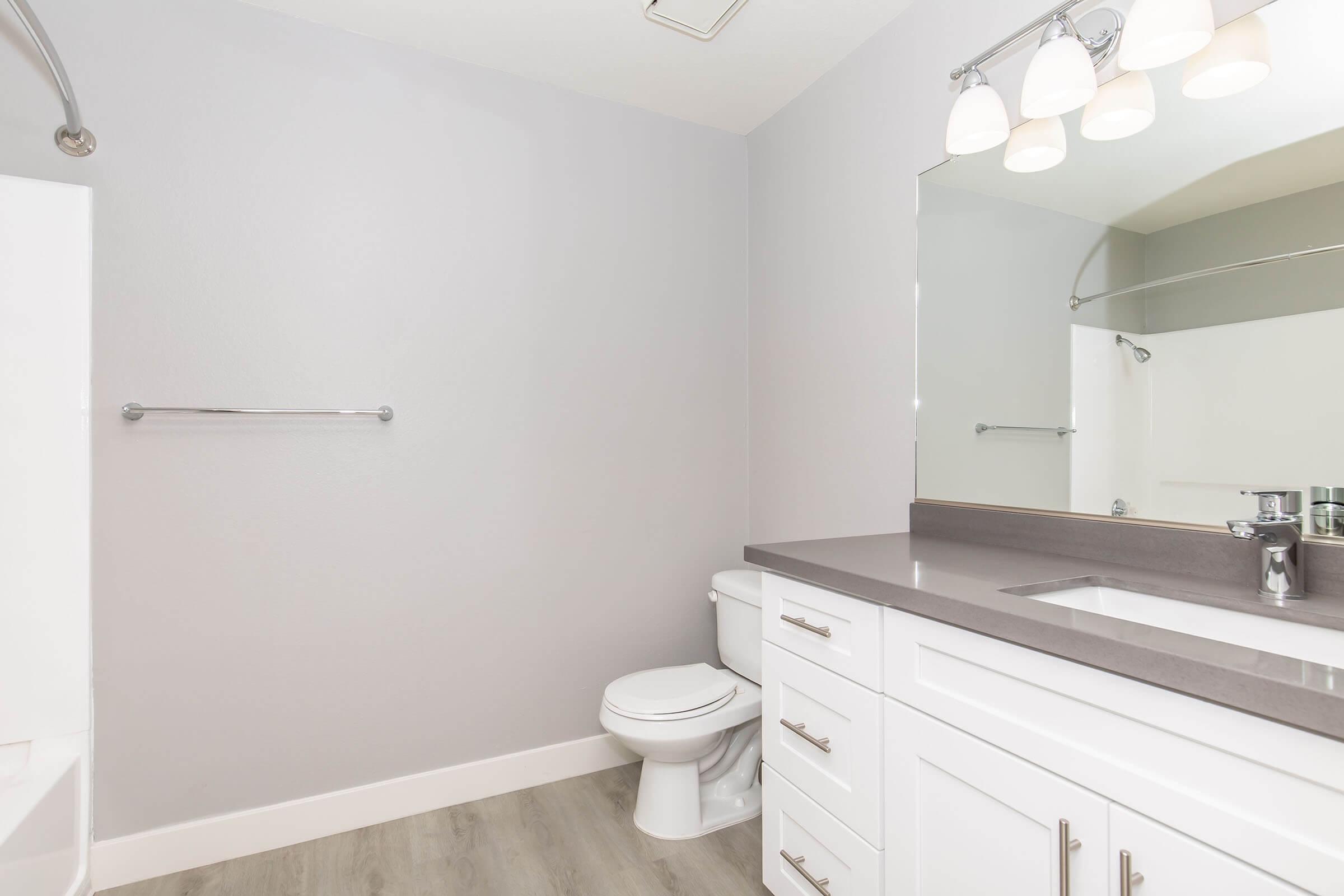 A modern bathroom featuring a white toilet, a gray countertop with a sink, and a large mirror above it. The walls are painted in a light gray color, and there is a shower area in the corner. The flooring is a light wood-like material, and there is a towel bar mounted on the wall.