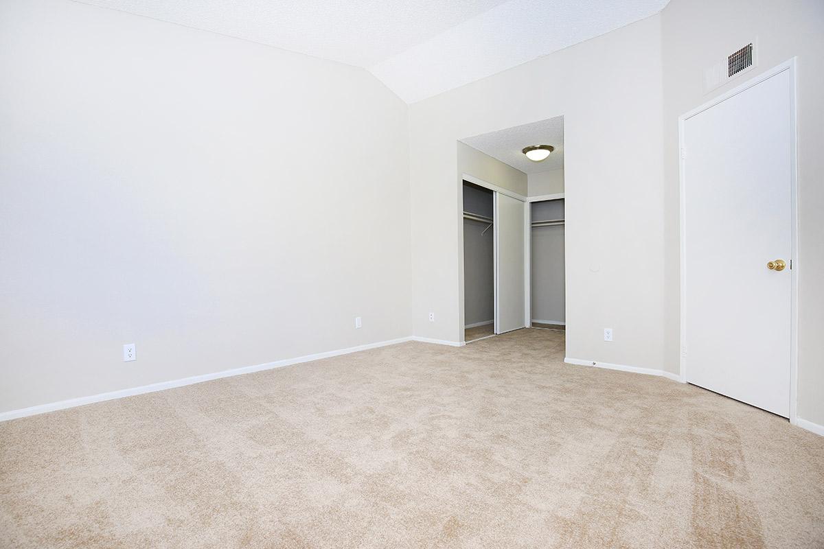 Carpeted bedroom with open closet doors