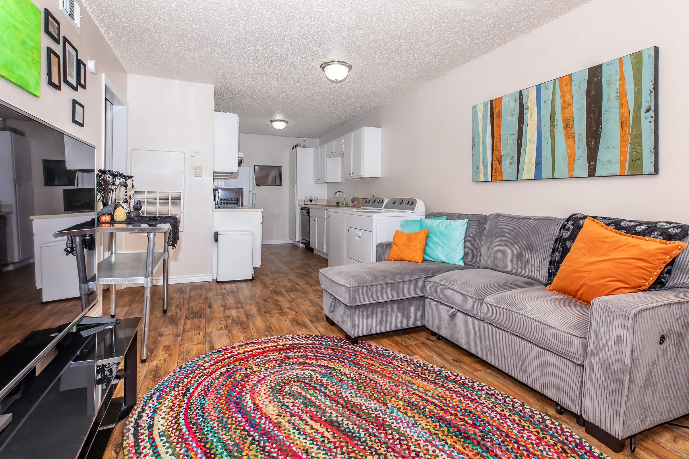 A cozy living space featuring a gray sectional couch with colorful accent pillows, a round area rug, and an attached kitchen with white appliances. The walls have colorful artwork, and the floors are wooden, creating a warm and inviting atmosphere.