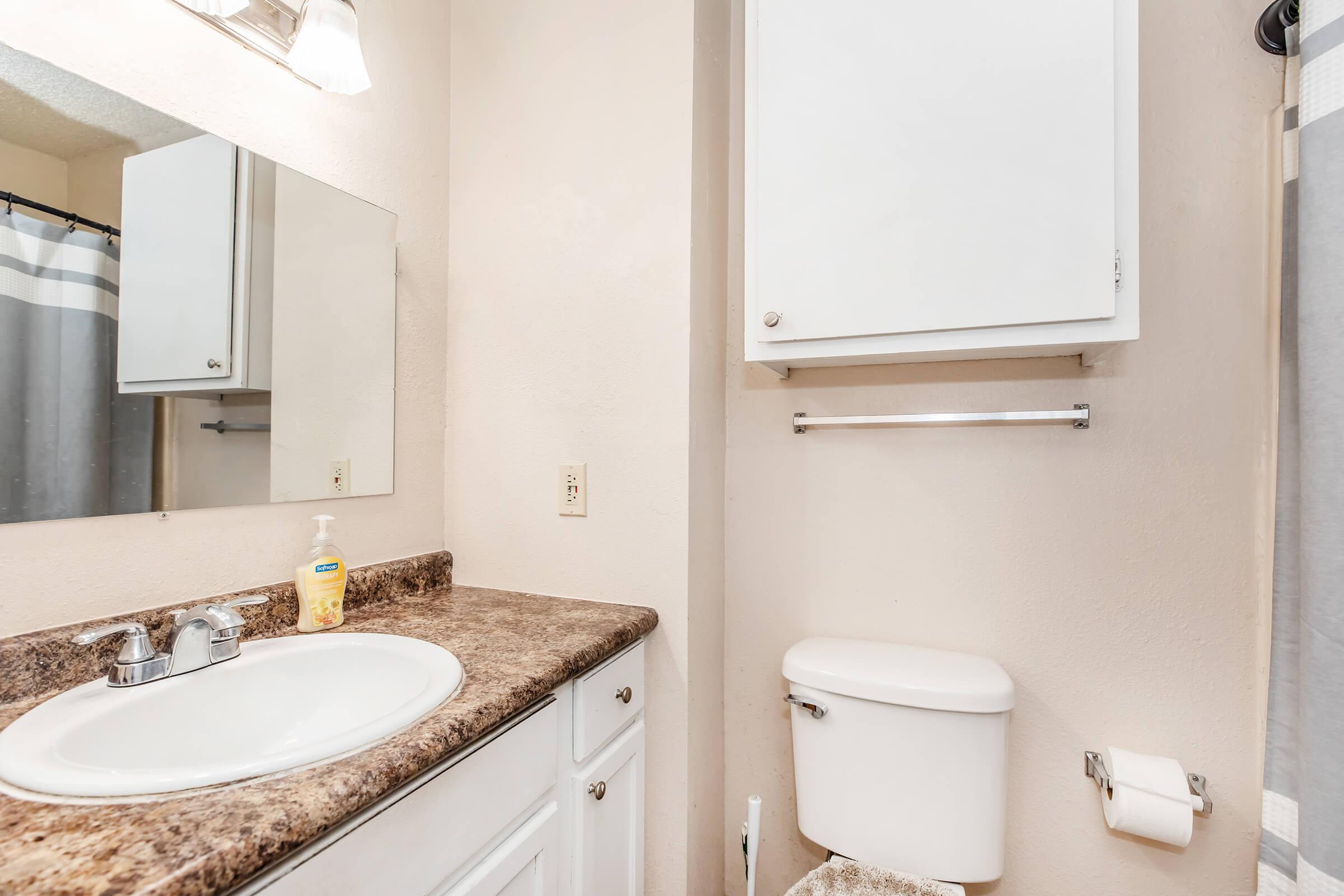 A clean bathroom featuring a white sink with a granite countertop, a toilet, and a mirror above the sink. There is a soap dispenser on the countertop, a towel rack on the wall, and a shower curtain visible in the corner. The walls are painted a light color, giving the space a bright and tidy appearance.