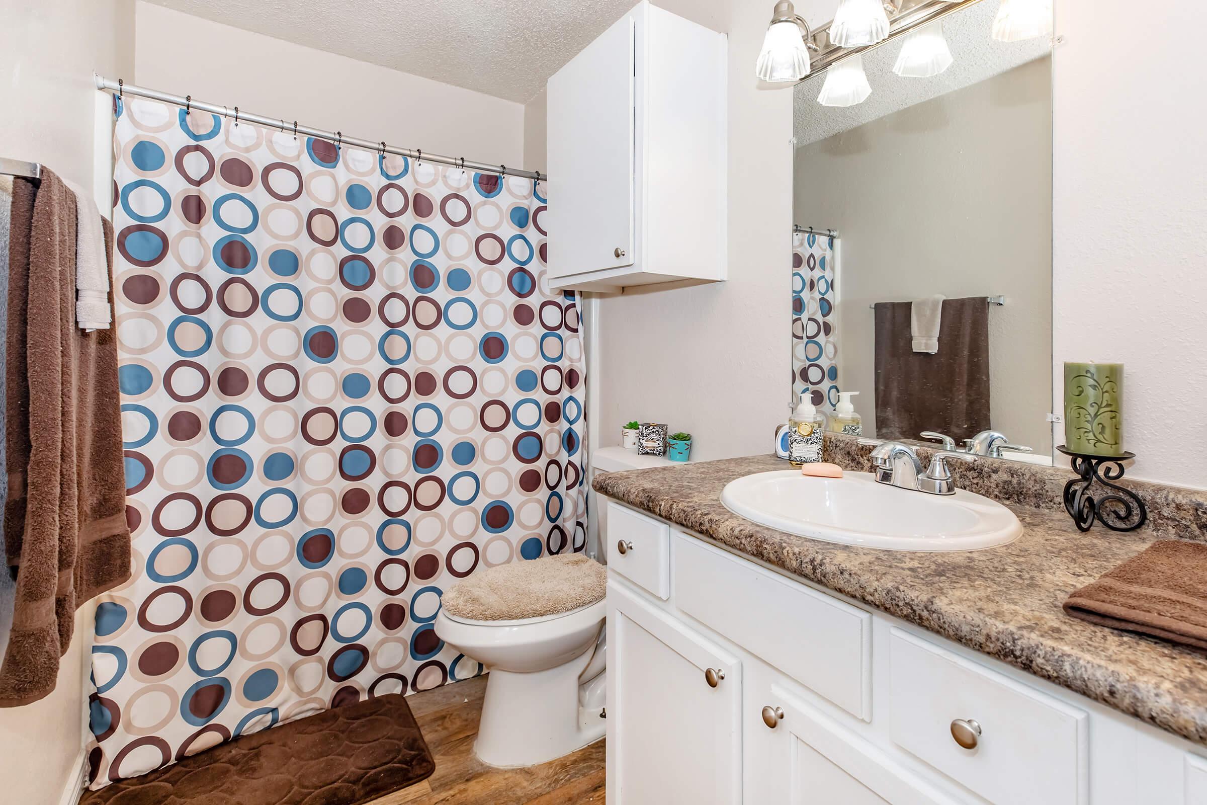 A clean, well-lit bathroom featuring a white vanity with a sink, and a mirror above. A toilet is positioned beside it. The shower area has a colorful circular patterned curtain. Dark brown towels hang on the wall, and there are decorative items on the countertop and shelves. The floor is wooden, adding warmth to the space.