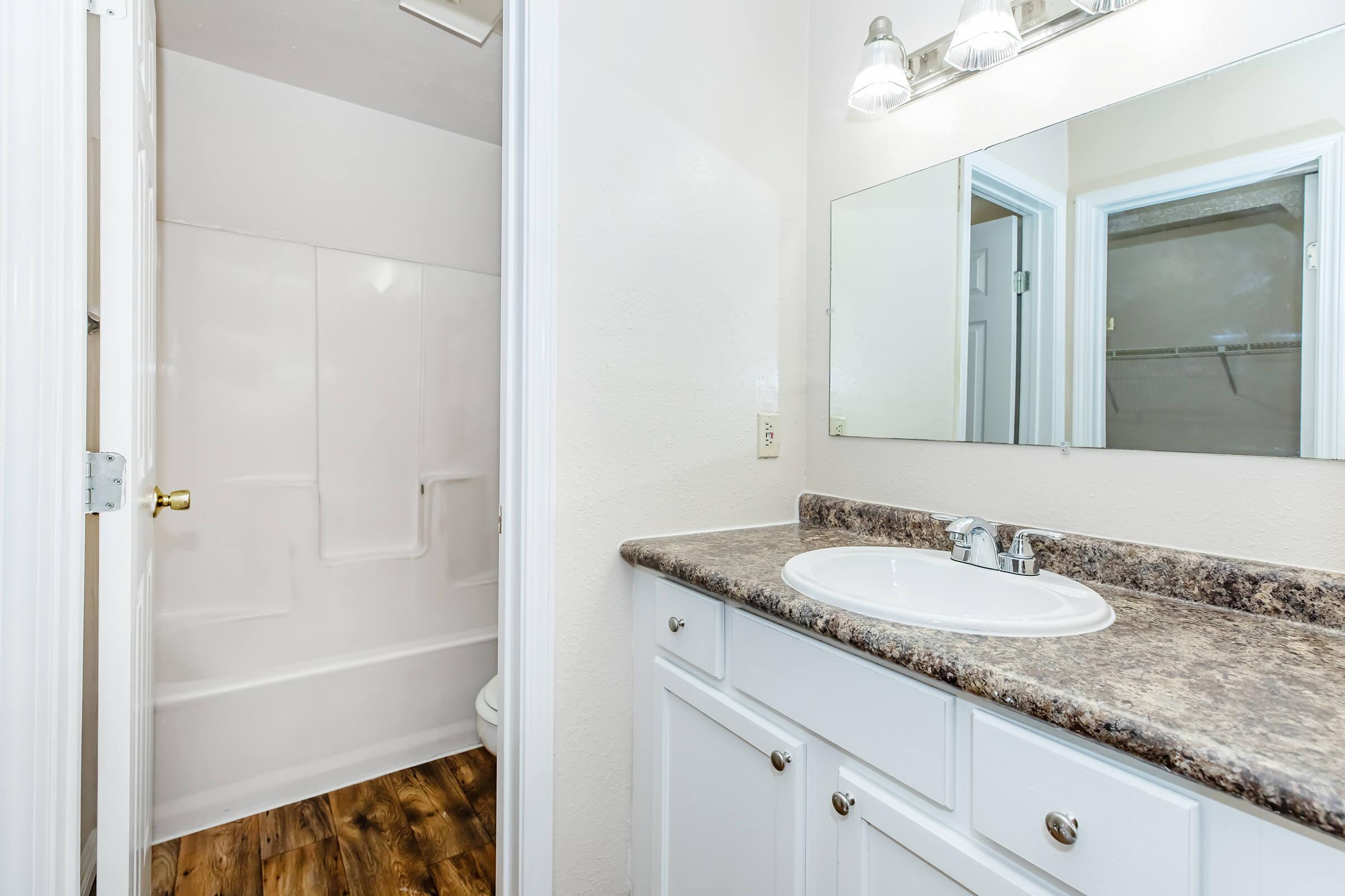 A clean and well-lit bathroom featuring a white sink with a dark countertop, a large mirror above it, a shower/tub combination in the background, and light-colored walls. The flooring is wooden, contributing to a warm aesthetic. The space is tidy and inviting.