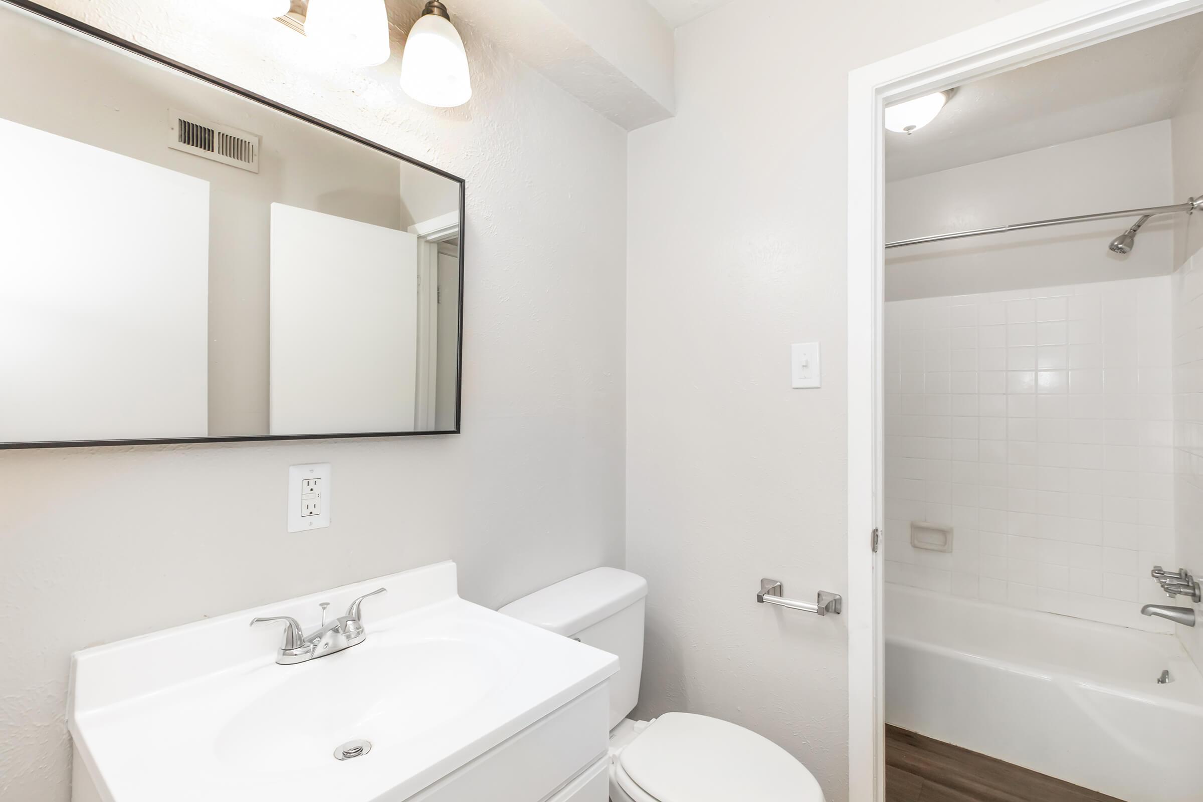 Modern bathroom featuring a white sink vanity with a mirror above, a toilet, and a shower/tub combo in a separate enclosure. The walls are painted light gray, and there are two light fixtures above the mirror. A door leads to the shower area, enhancing the clean and spacious design.