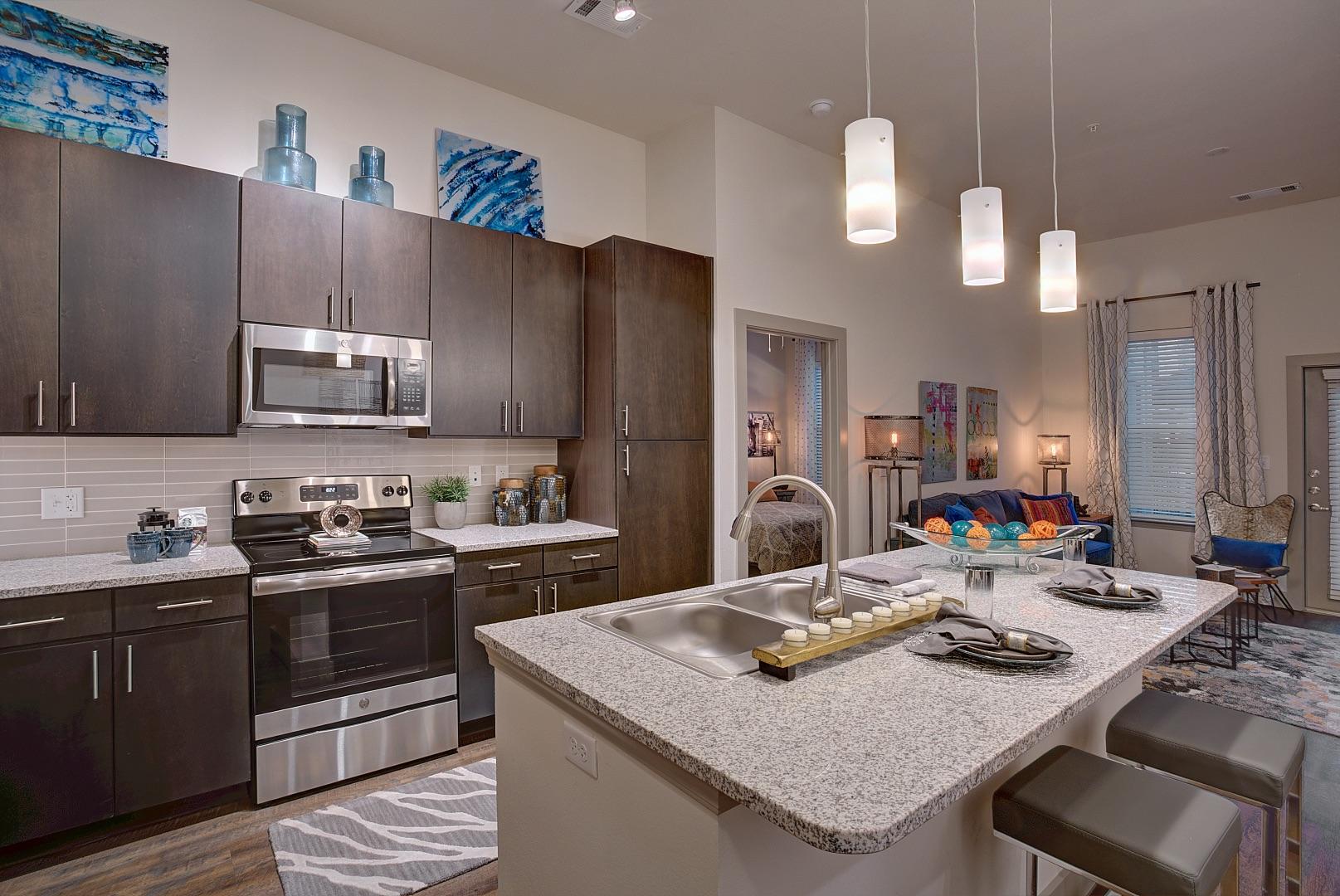 Modern kitchen and living area featuring dark wood cabinets, stainless steel appliances, and a granite countertop. The kitchen includes a sink and is decorated with dishware. A living room area is visible in the background, adorned with colorful decor and soft furnishings. Bright lighting fixtures enhance the ambiance.