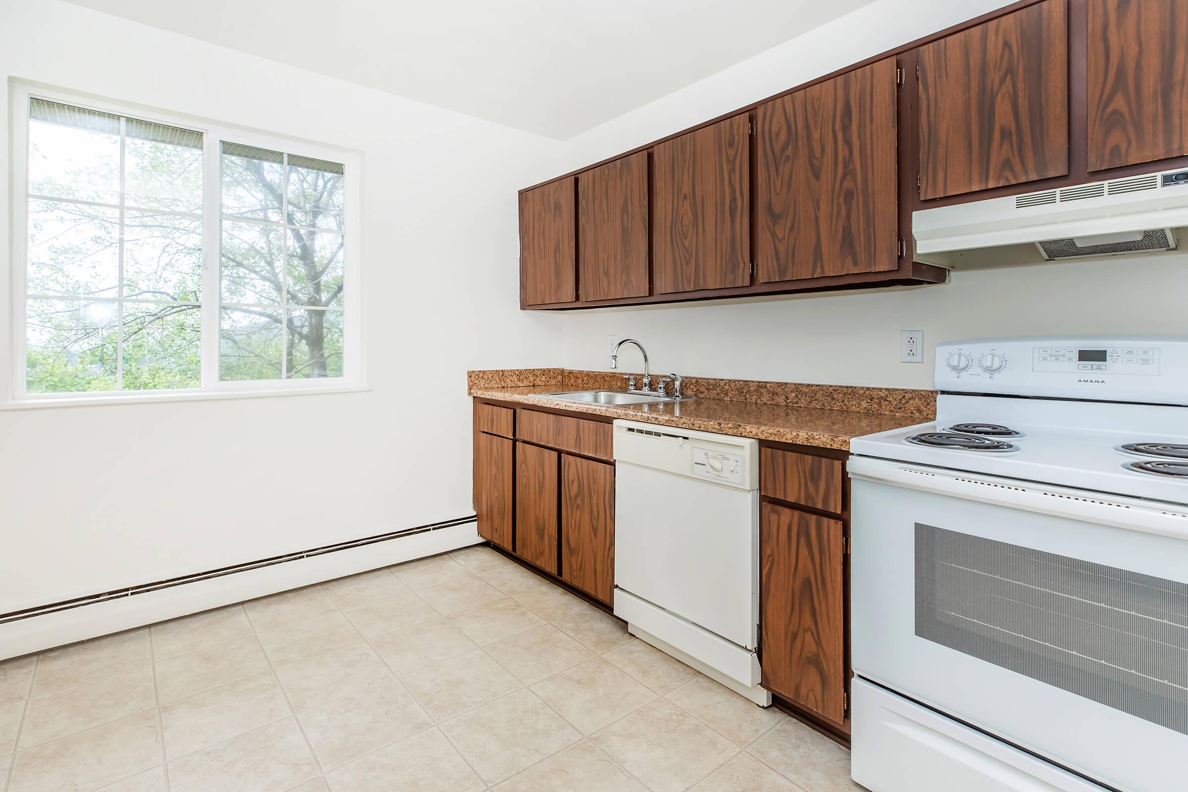 a kitchen with wooden cabinets and a window