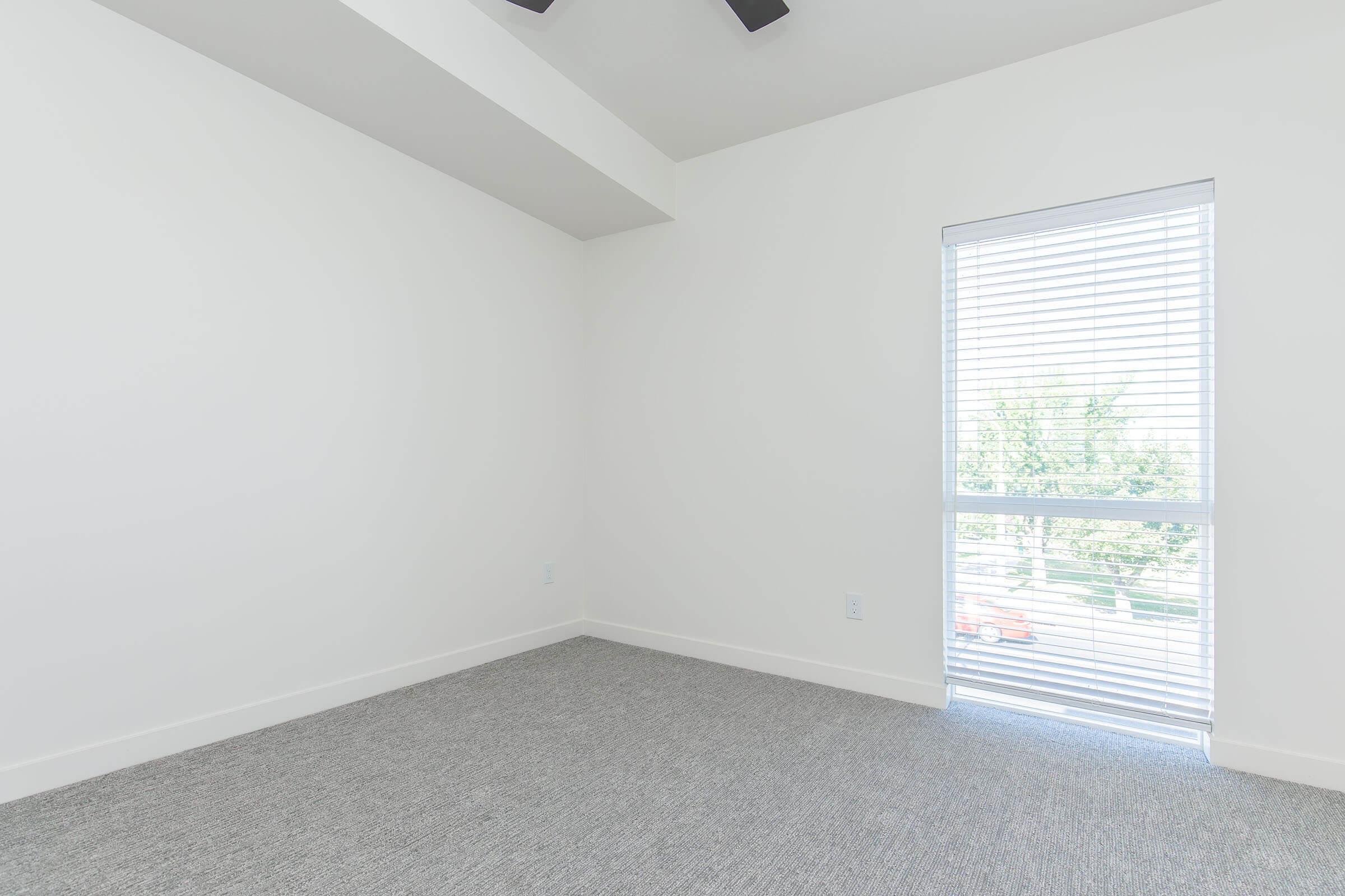Empty room with light gray carpet and white walls. A window with blinds lets in natural light, showing green trees outside. The ceiling has a black fan, and the space is minimalistic and modern.