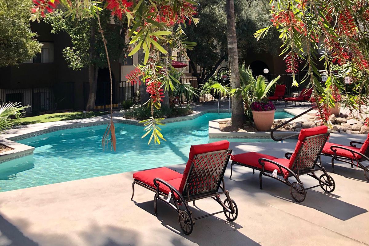 a chair sitting in front of a pool