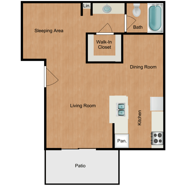 Plan A, a studio 1 bathroom floor plan.