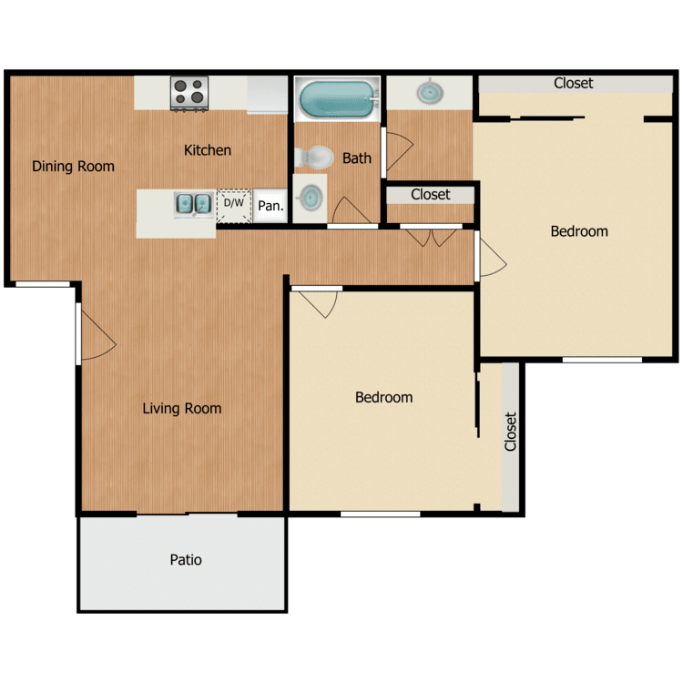Plan C, a 2 bedroom 1 bathroom floor plan.