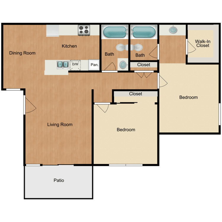 Plan D, a 2 bedroom 2 bathroom floor plan.