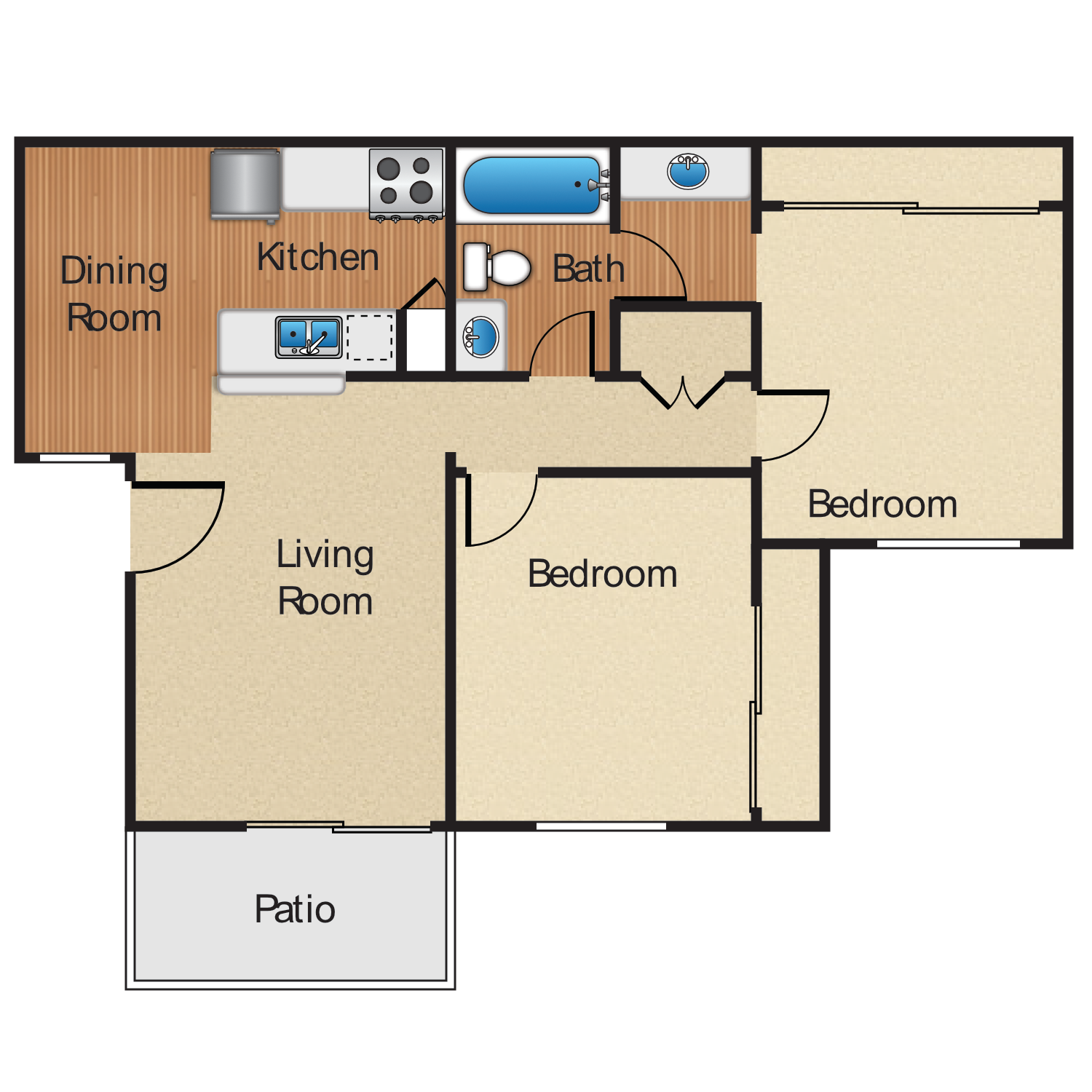 Plan C, a 2 bedroom 1 bathroom floor plan.