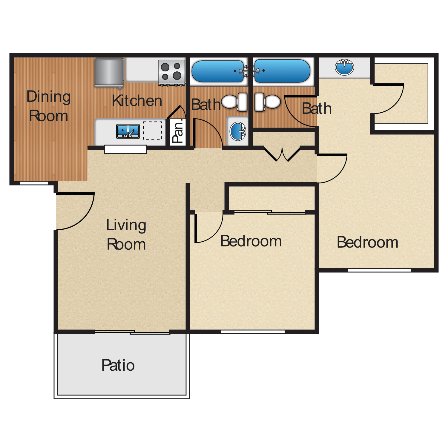 Plan D, a 2 bedroom 2 bathroom floor plan.