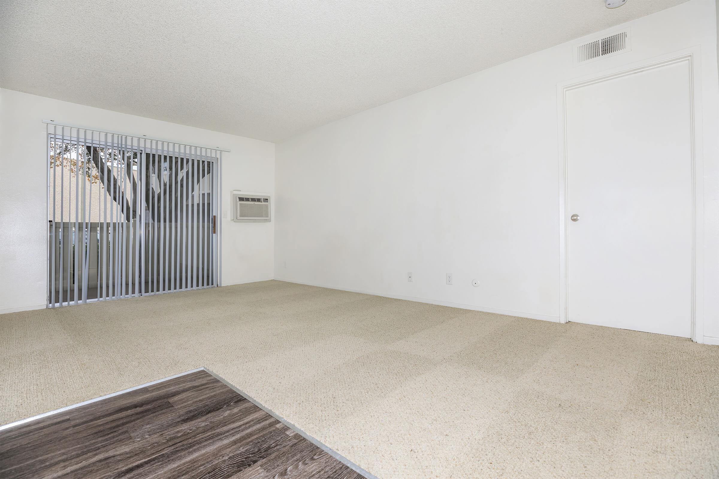 Carpeted living room with sliding glass doors