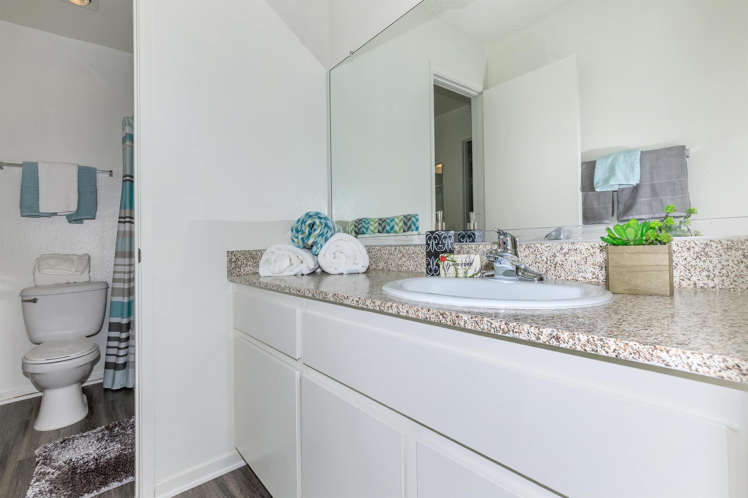 Bathroom with teal towels