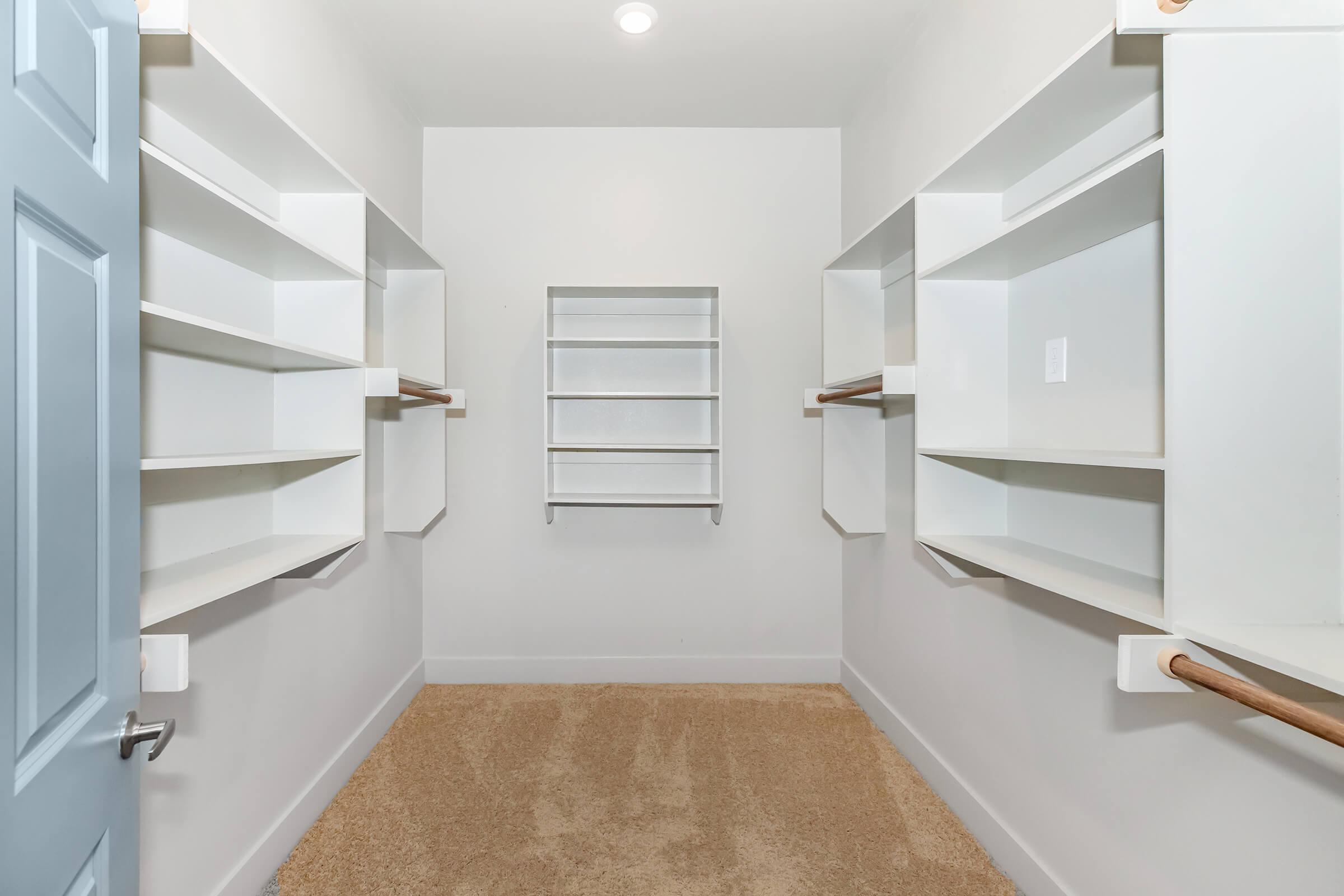Empty walk-in closet featuring white shelves and rods for hanging clothes, with carpeted flooring and a blue door. The walls are painted a light color, and there is a small window or cutout shelf in the back wall. The space is well-lit, creating an open, airy feel.