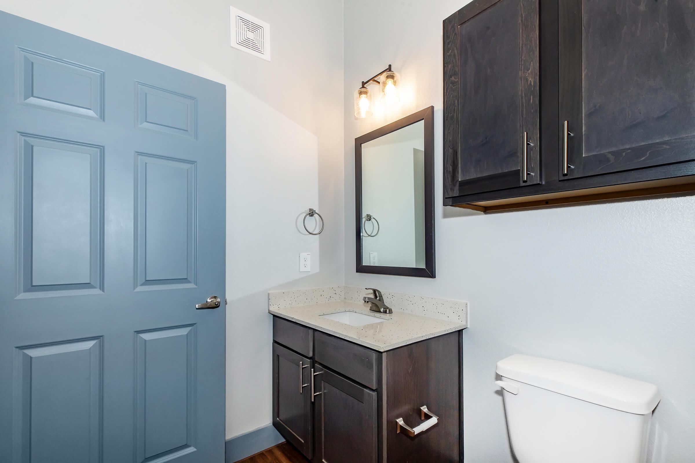 A modern bathroom featuring a light gray wall, a blue door, a dark wood vanity with a sink and mirror, a towel ring, and a white toilet. There is a wall-mounted light fixture above the mirror, and the floor has a wood-like finish.
