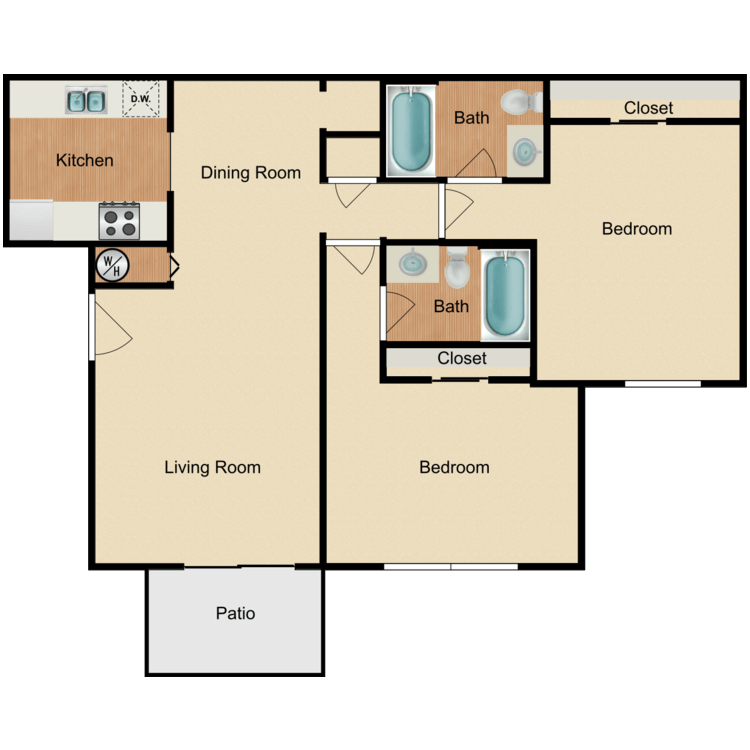 Plan C, a 2 bedroom 2 bathroom floor plan.