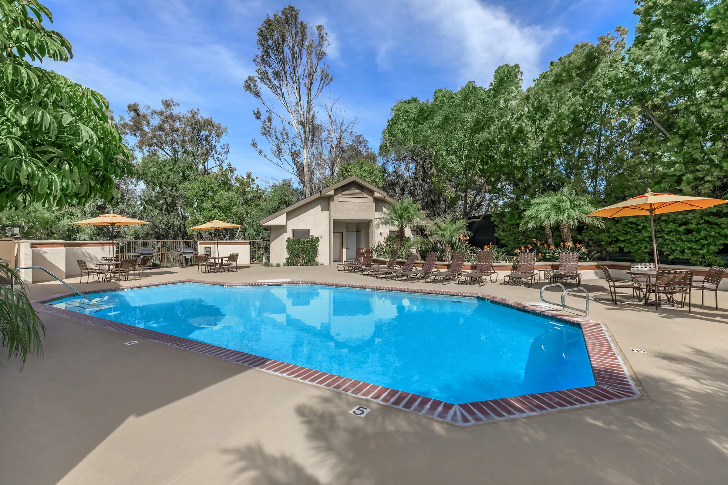 A clear blue swimming pool surrounded by lush greenery and lounge furniture. There are several patio umbrellas and a small building in the background, adding to the inviting outdoor atmosphere. The scene is bright and sunny, perfect for relaxation.