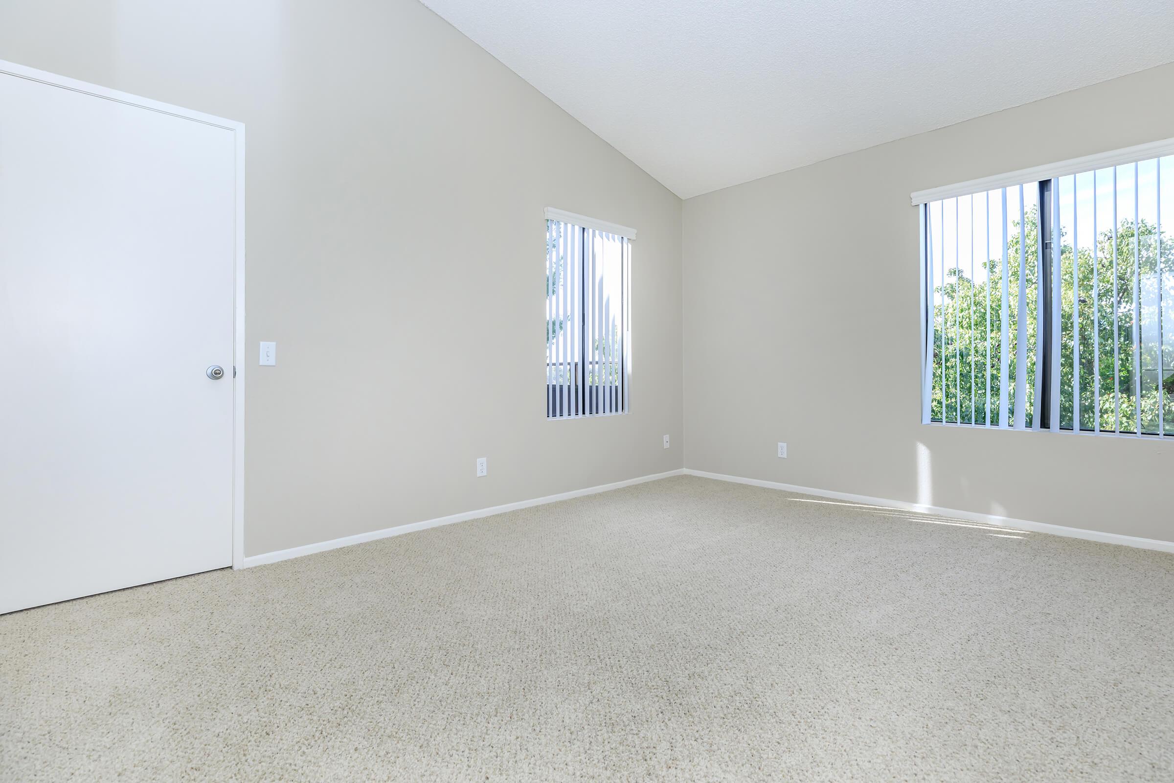 Empty room with light beige walls and carpet. There are two large windows with vertical blinds, allowing natural light to illuminate the space. A plain white door can be seen on the left side of the room, contributing to the minimalist aesthetic. The overall ambiance is bright and airy.