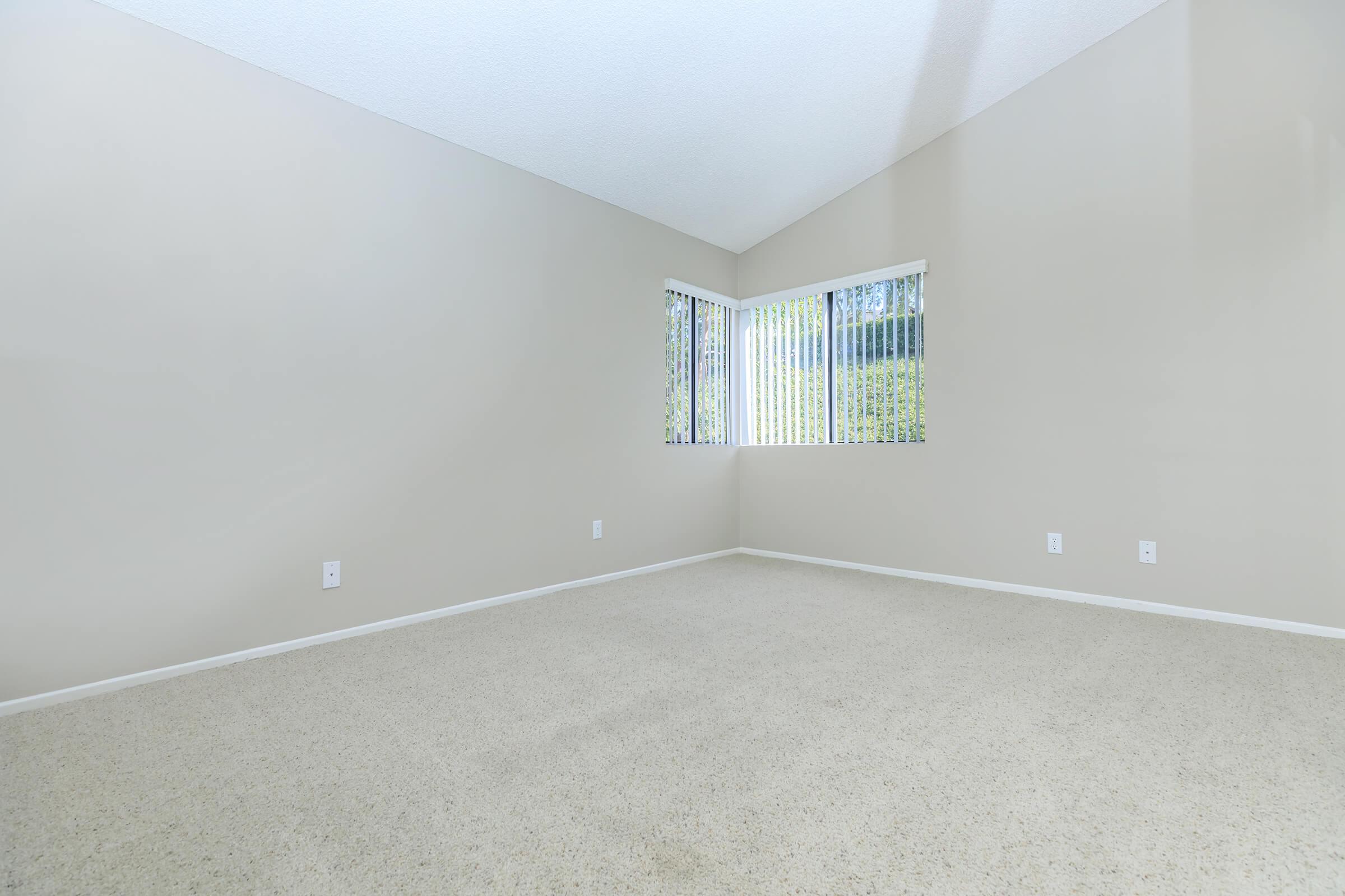 A spacious, empty room with beige walls and carpet. There are large windows with vertical blinds letting in natural light, and the ceiling is vaulted, adding to the airy feel. The floor is clean and unobstructed, creating a minimalist atmosphere.