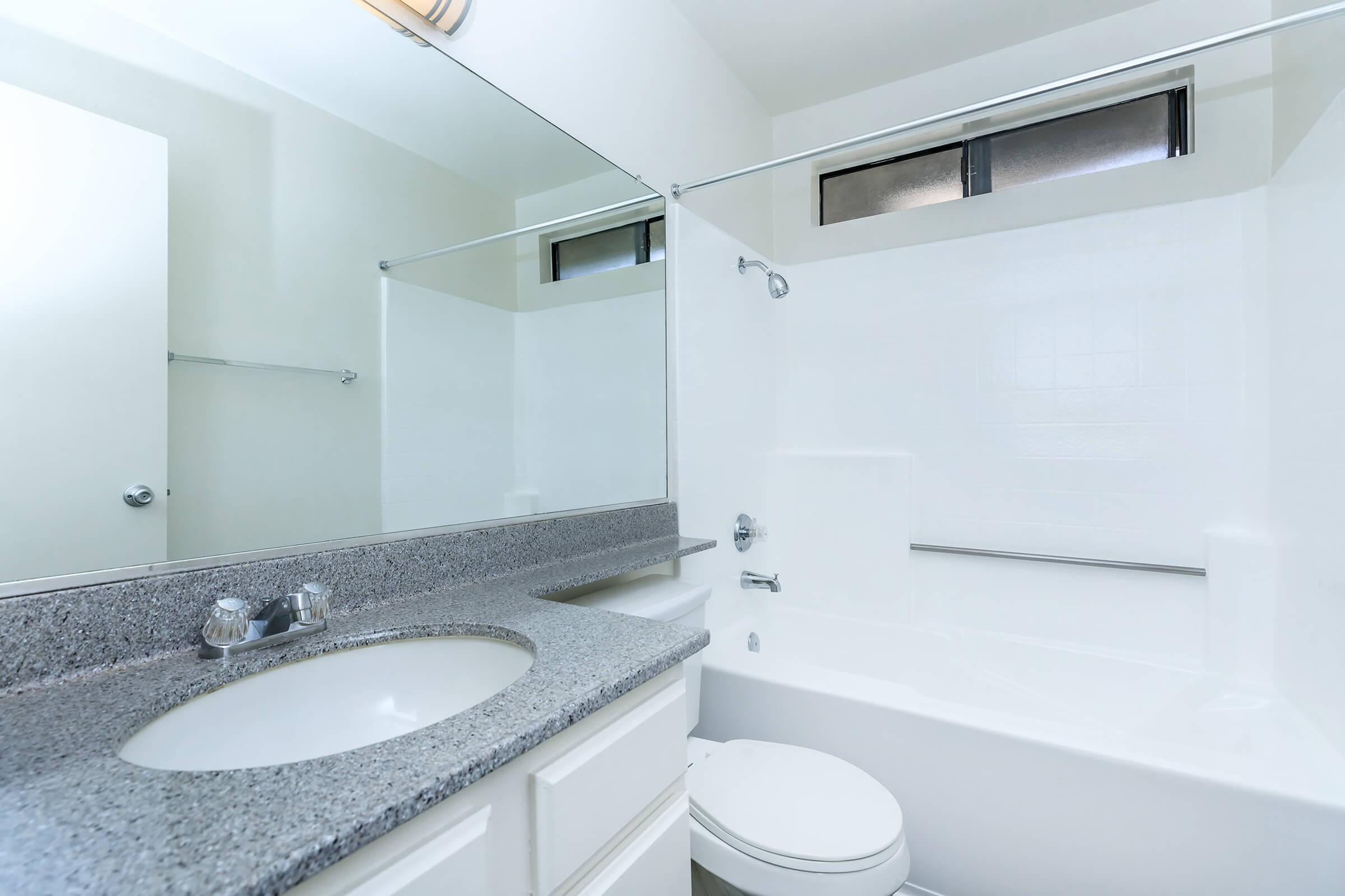 A bright, modern bathroom featuring a white bathtub with a shower, a large mirror above a gray countertop, and a white toilet. The walls and fixtures are light-colored, creating a spacious and clean atmosphere. A small window provides natural light.