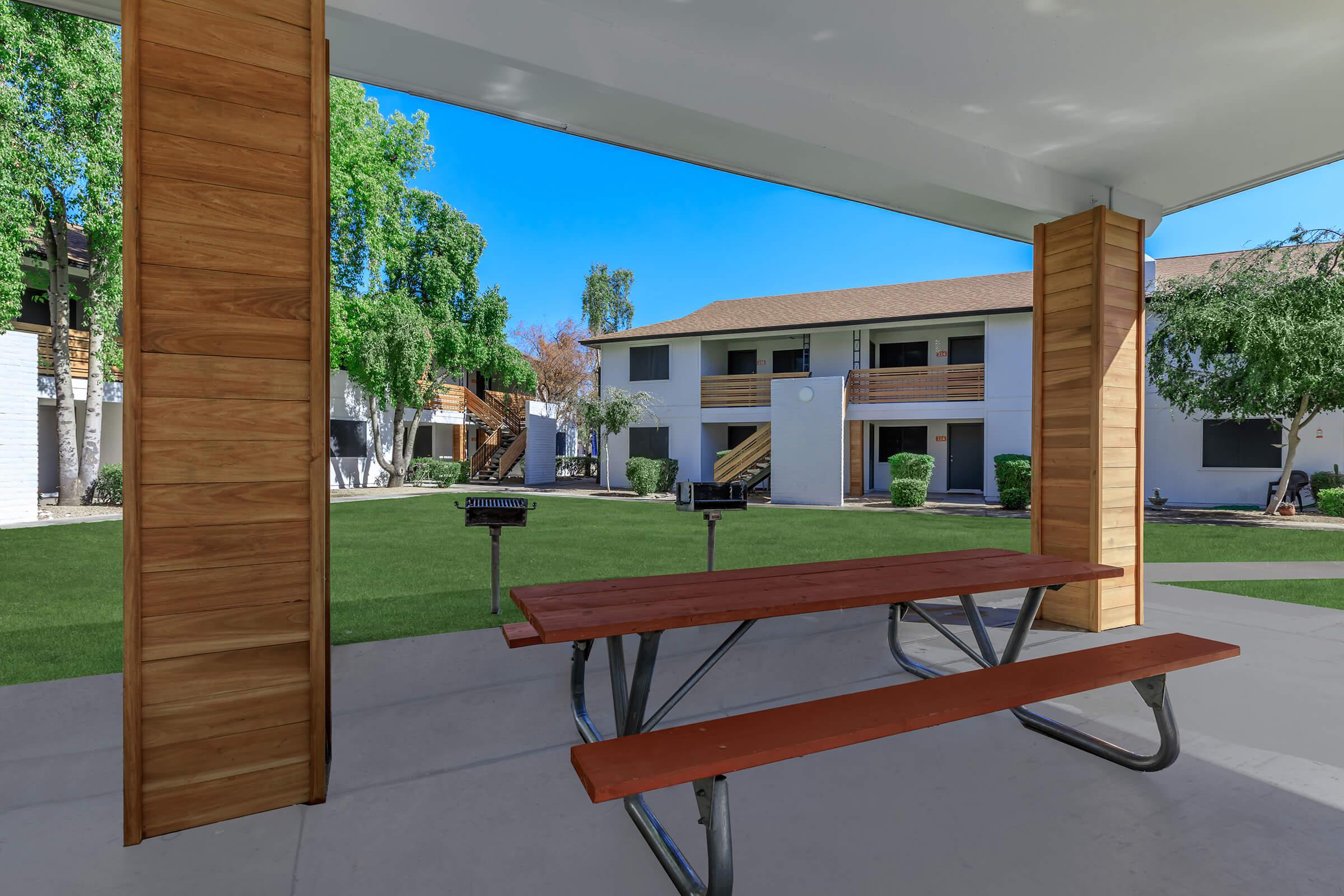 a bench in front of a building