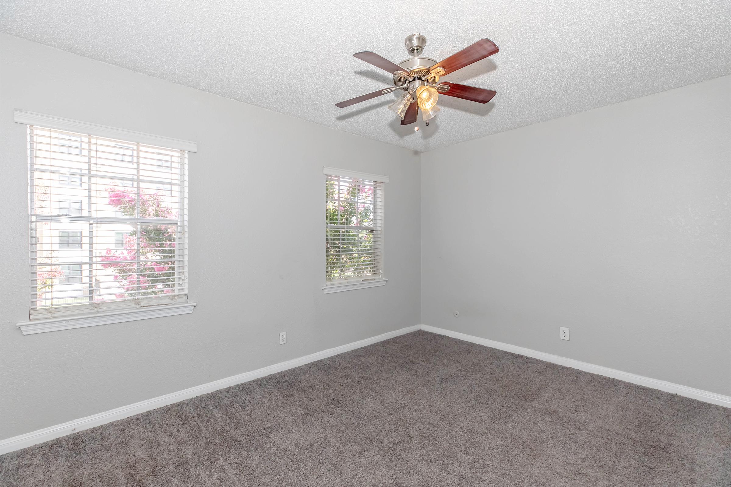 A spacious room featuring gray walls and plush carpet, with two windows adorned with blinds letting in natural light. A ceiling fan with wooden blades hangs from the ceiling, providing a cozy atmosphere. Decorative plants can be seen outside through the windows.