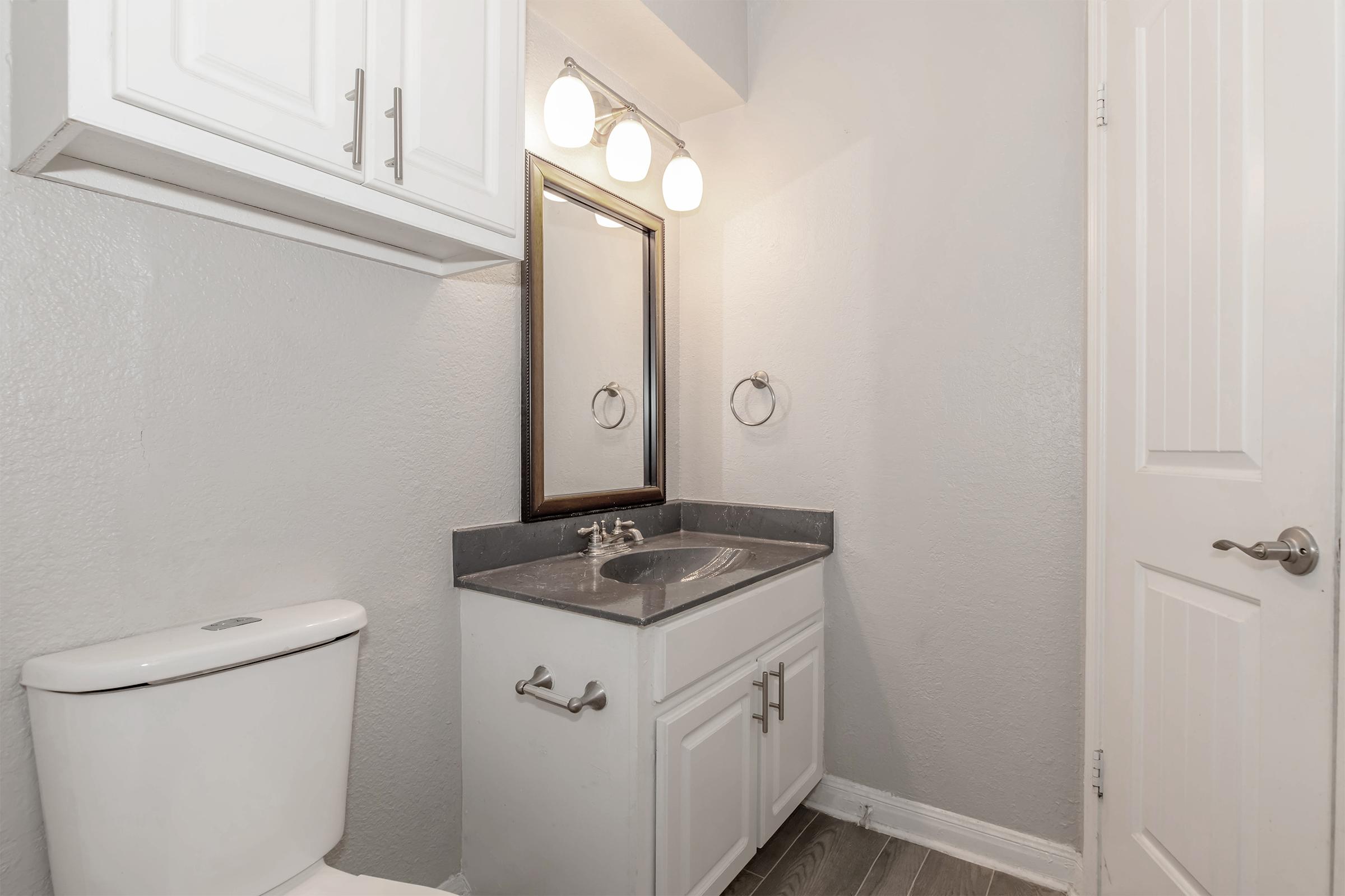 A clean, modern bathroom featuring a white toilet, a dark countertop with a sink, and a rectangular mirror above it. The walls are painted light gray, and the cabinetry is white with silver handles. Two light fixtures are mounted above the mirror, and a towel holder is attached to the wall beside the sink.