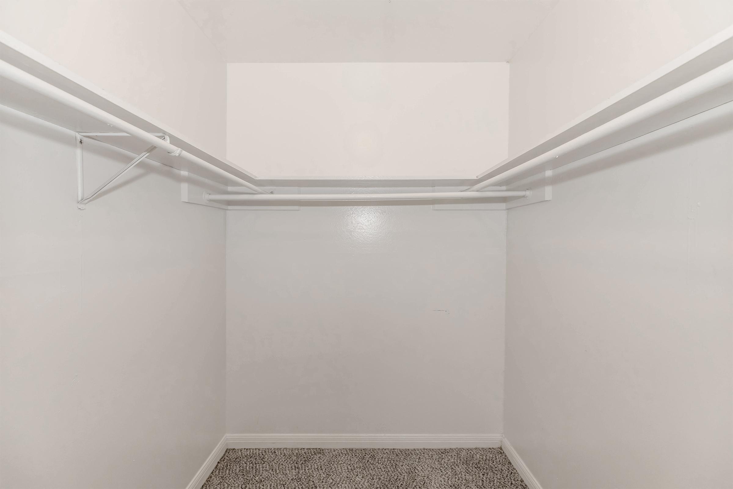 Empty walk-in closet featuring white walls and two parallel hanging rods. The floor is covered with light gray carpet, and there are no items or shelves present, giving the space a clean and minimalistic appearance.