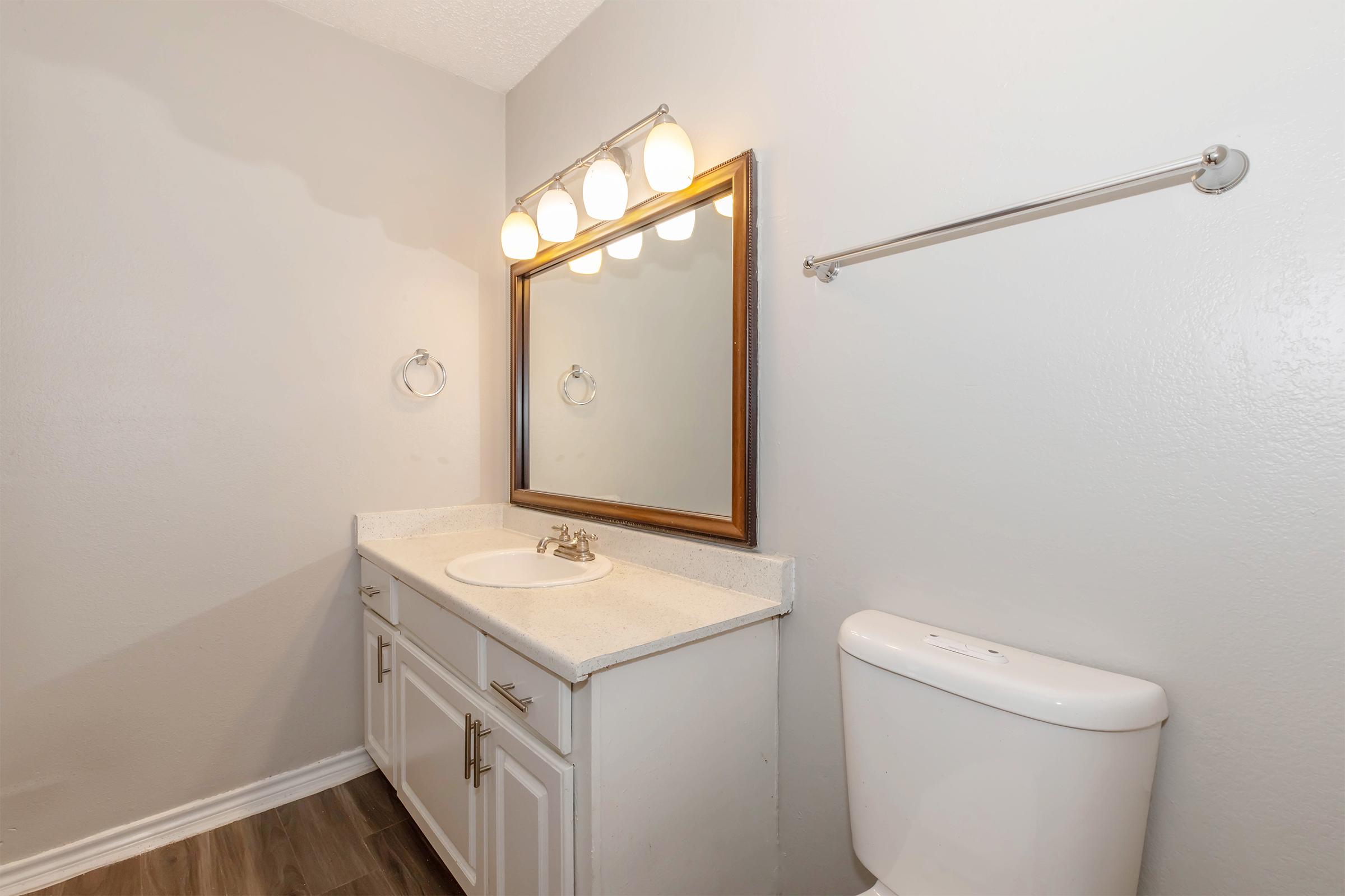 A modern bathroom featuring a white vanity with a sink, a rectangular mirror framed in gold, a wall-mounted towel bar, and a toilet. The walls are painted light gray, and the flooring is a dark wood-like material. Warm lighting is provided by a fixture above the mirror.